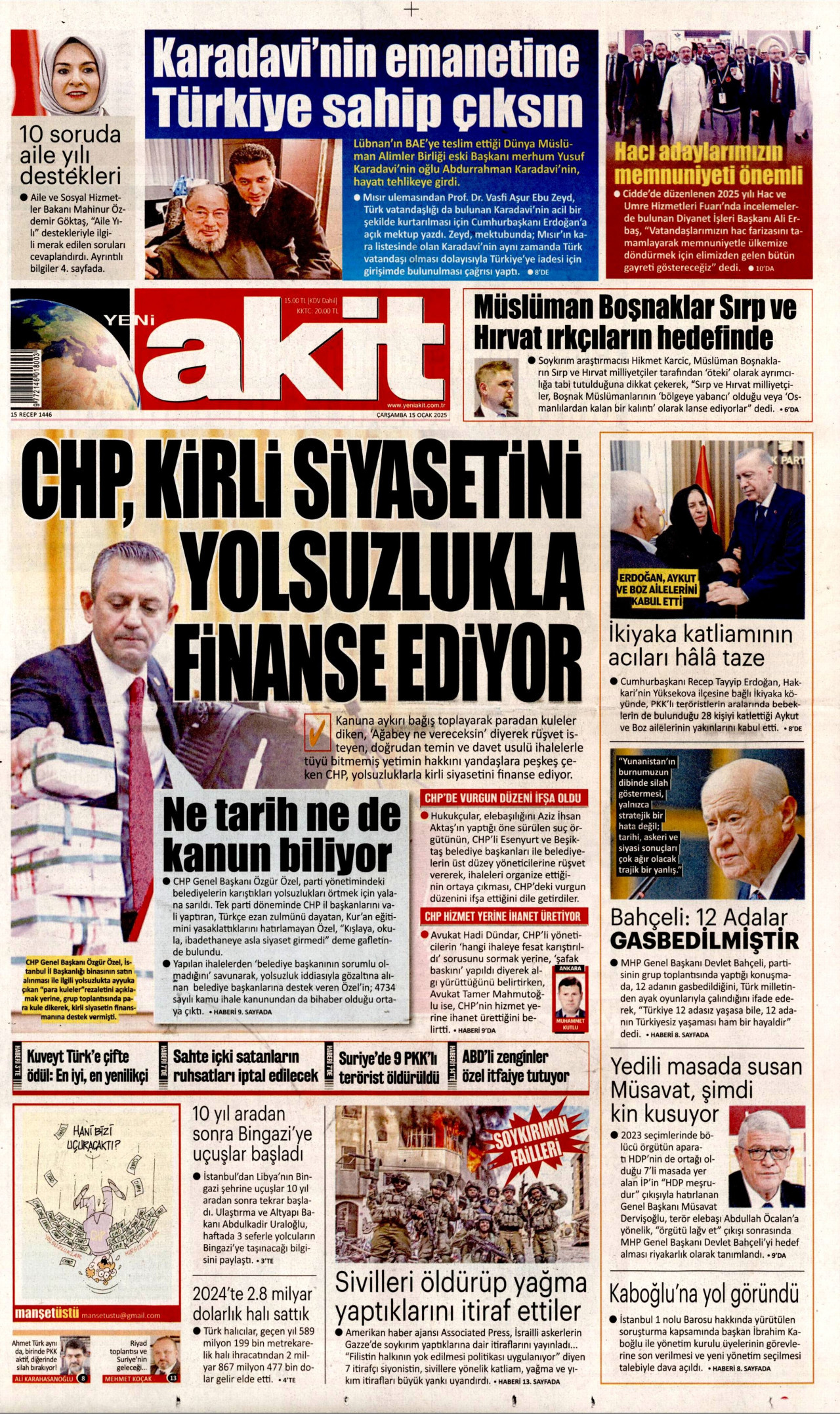 YENİ AKİT gazetesinin 15 Ocak 2025 tarihli birinci sayfası