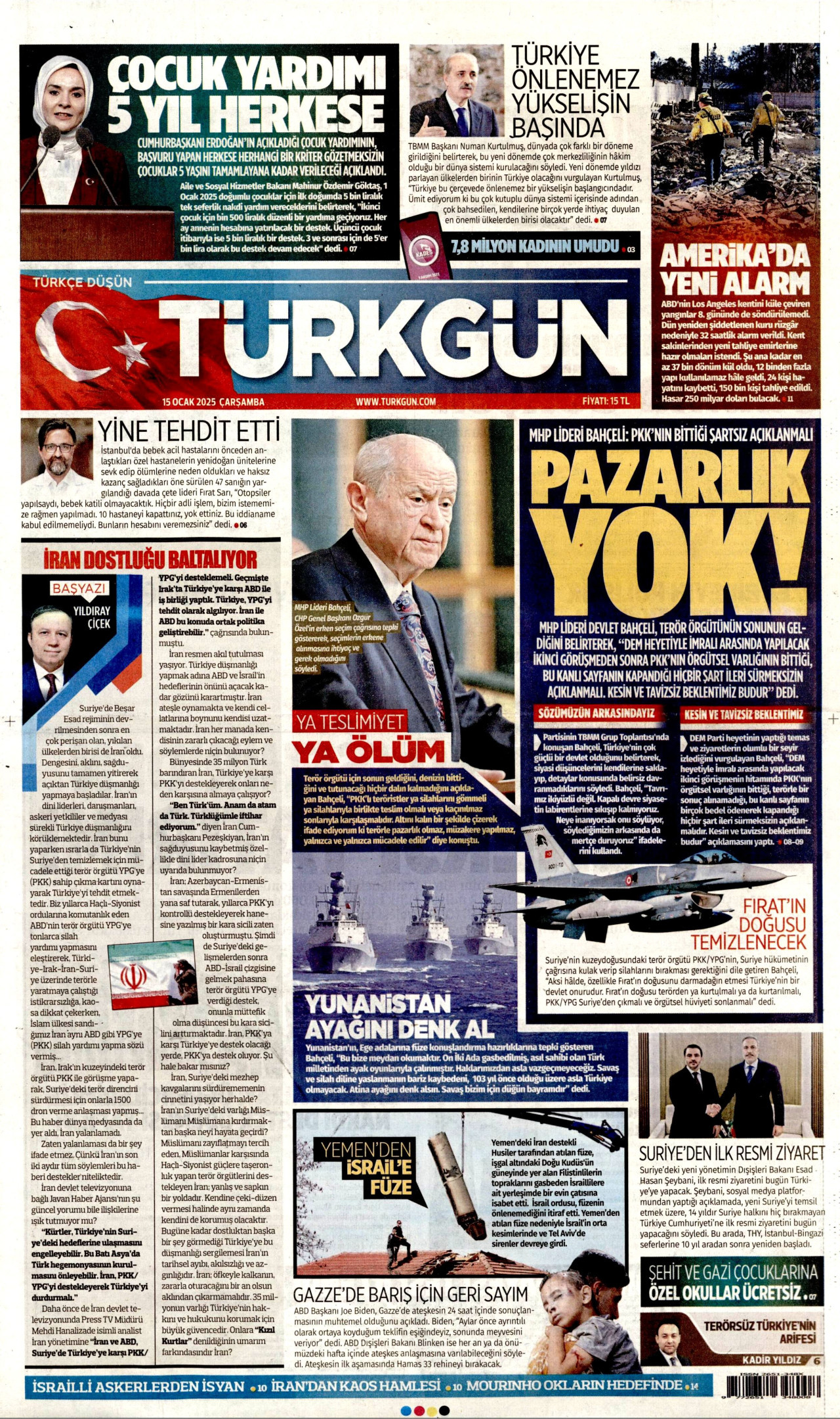 TÜRKGÜN gazetesinin 15 Ocak 2025 tarihli birinci sayfası