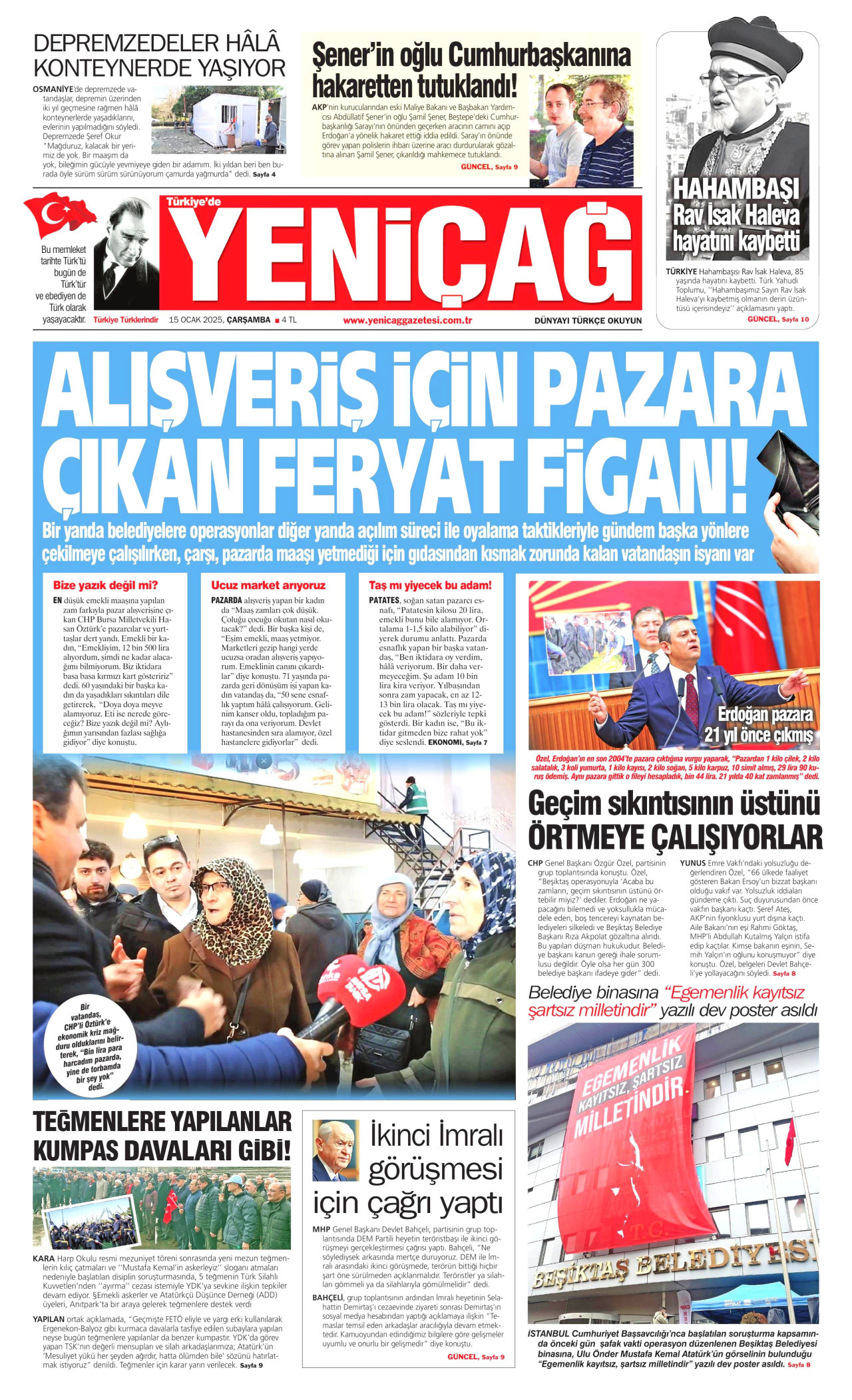 YENİÇAĞ gazetesinin 15 Ocak 2025 tarihli birinci sayfası