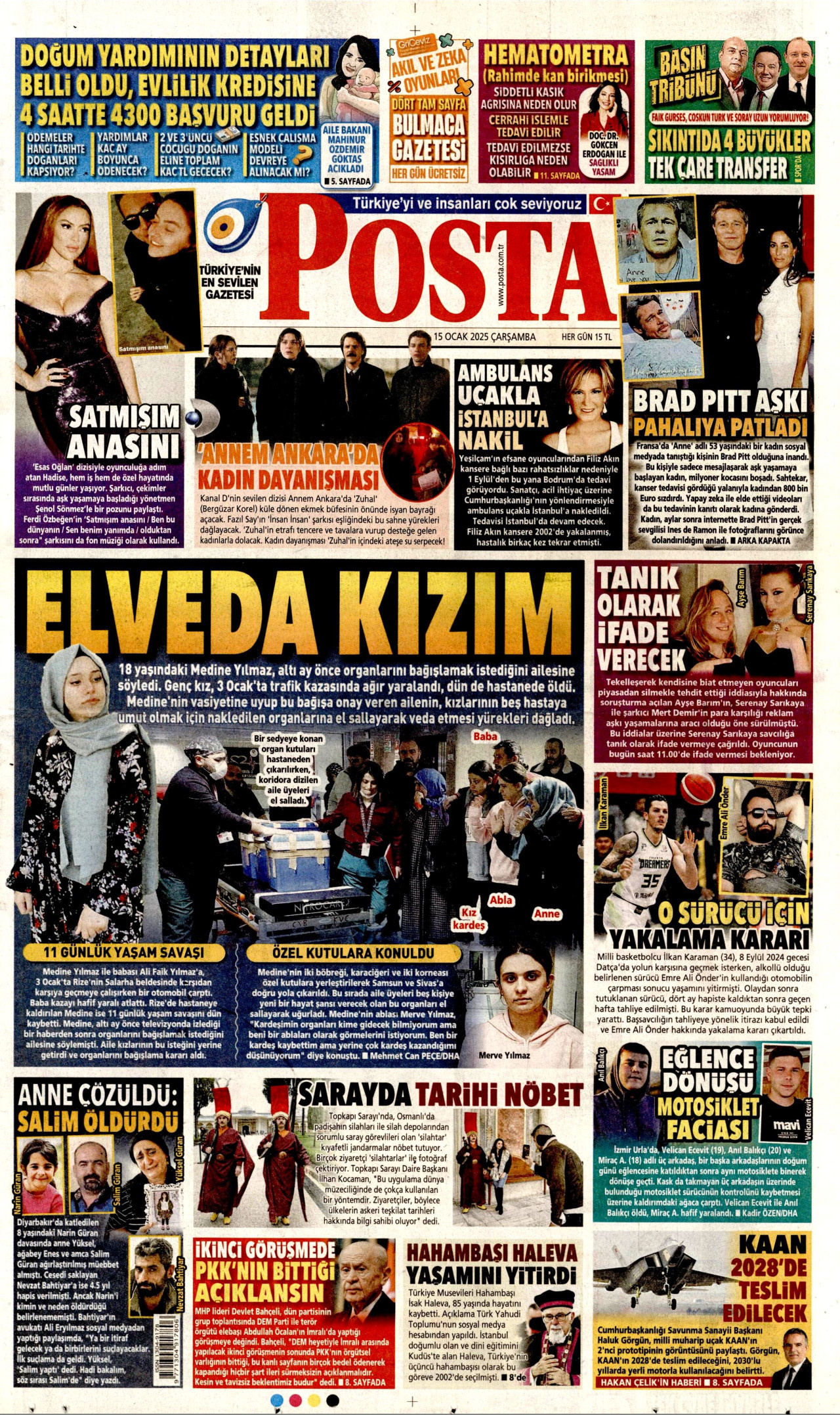 POSTA gazetesinin 15 Ocak 2025 tarihli birinci sayfası