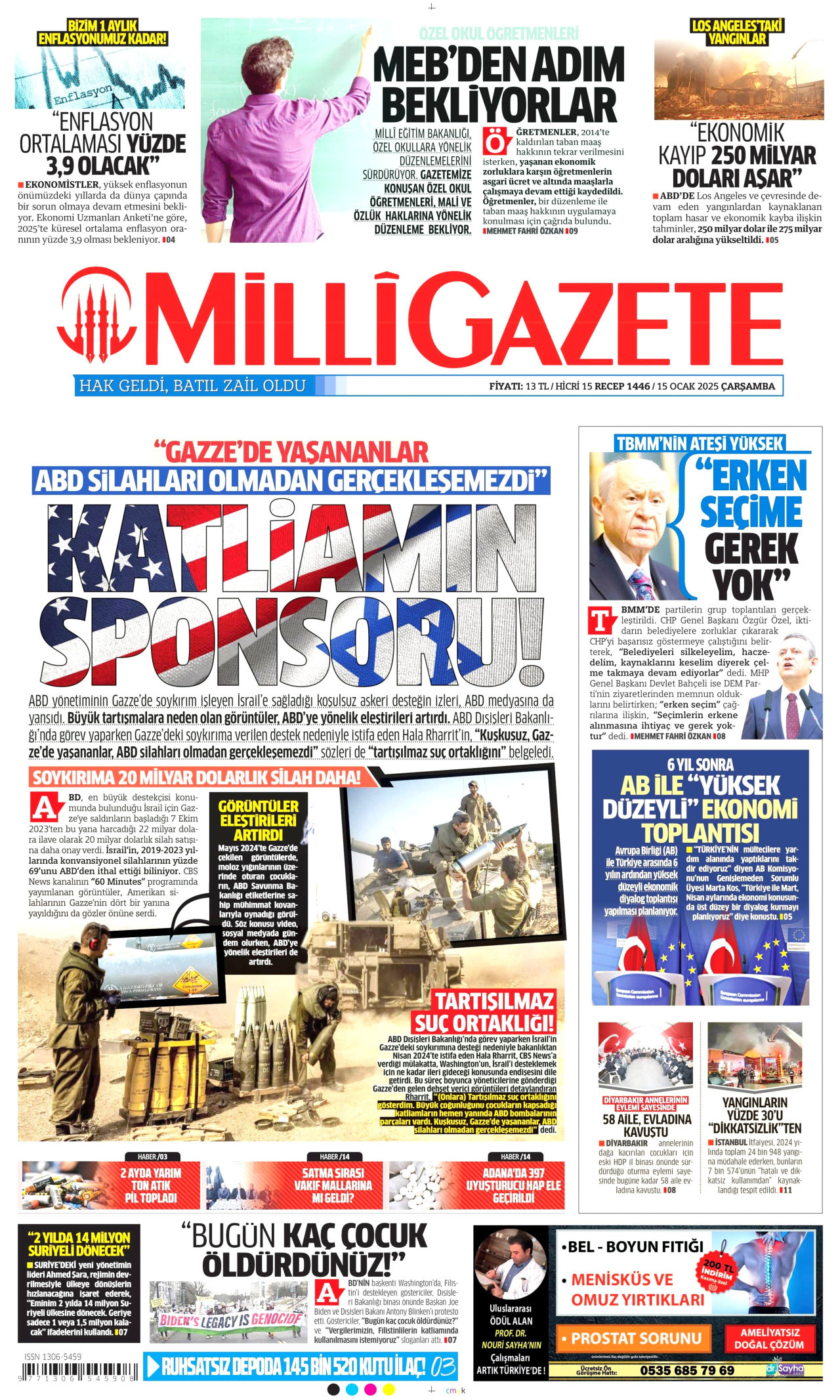 MİLLİ GAZETE gazetesinin 15 Ocak 2025 tarihli birinci sayfası