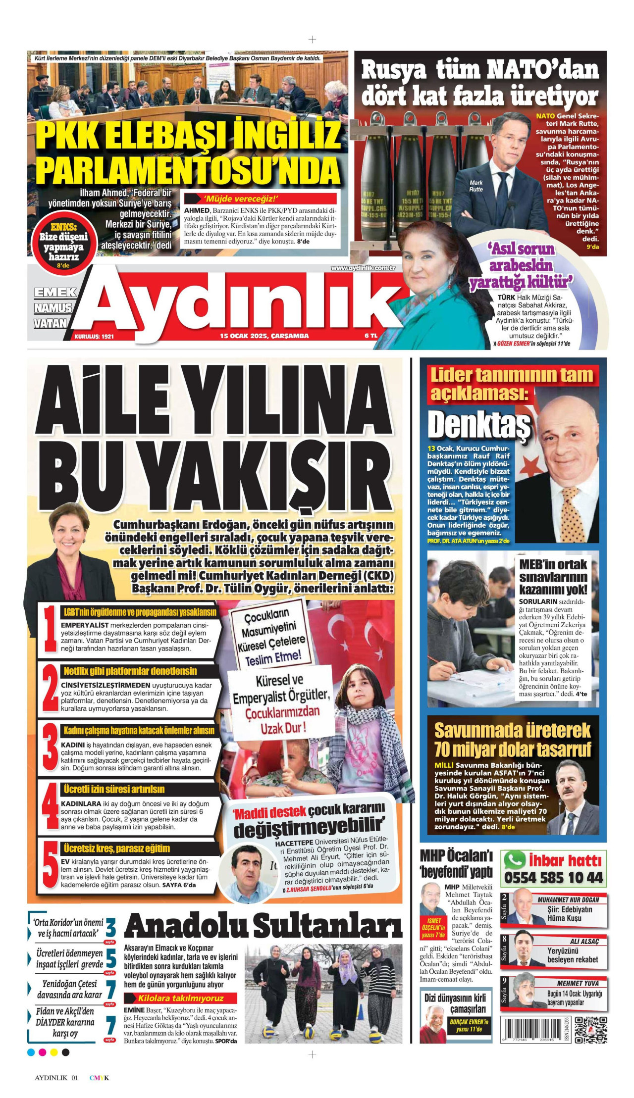 AYDINLIK GAZETESİ gazetesinin 15 Ocak 2025 tarihli birinci sayfası