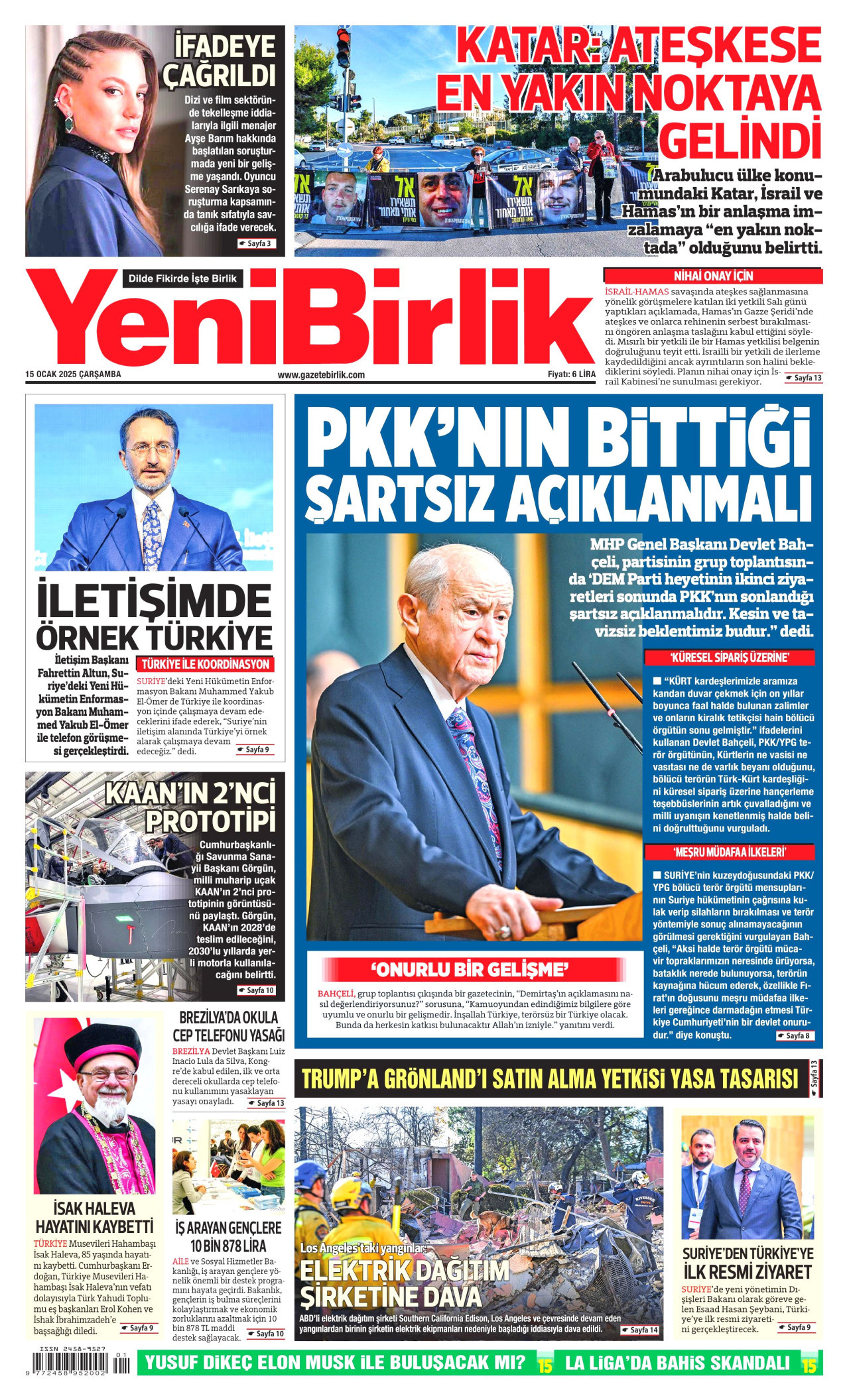 YENİBİRLİK gazetesinin 15 Ocak 2025 tarihli birinci sayfası