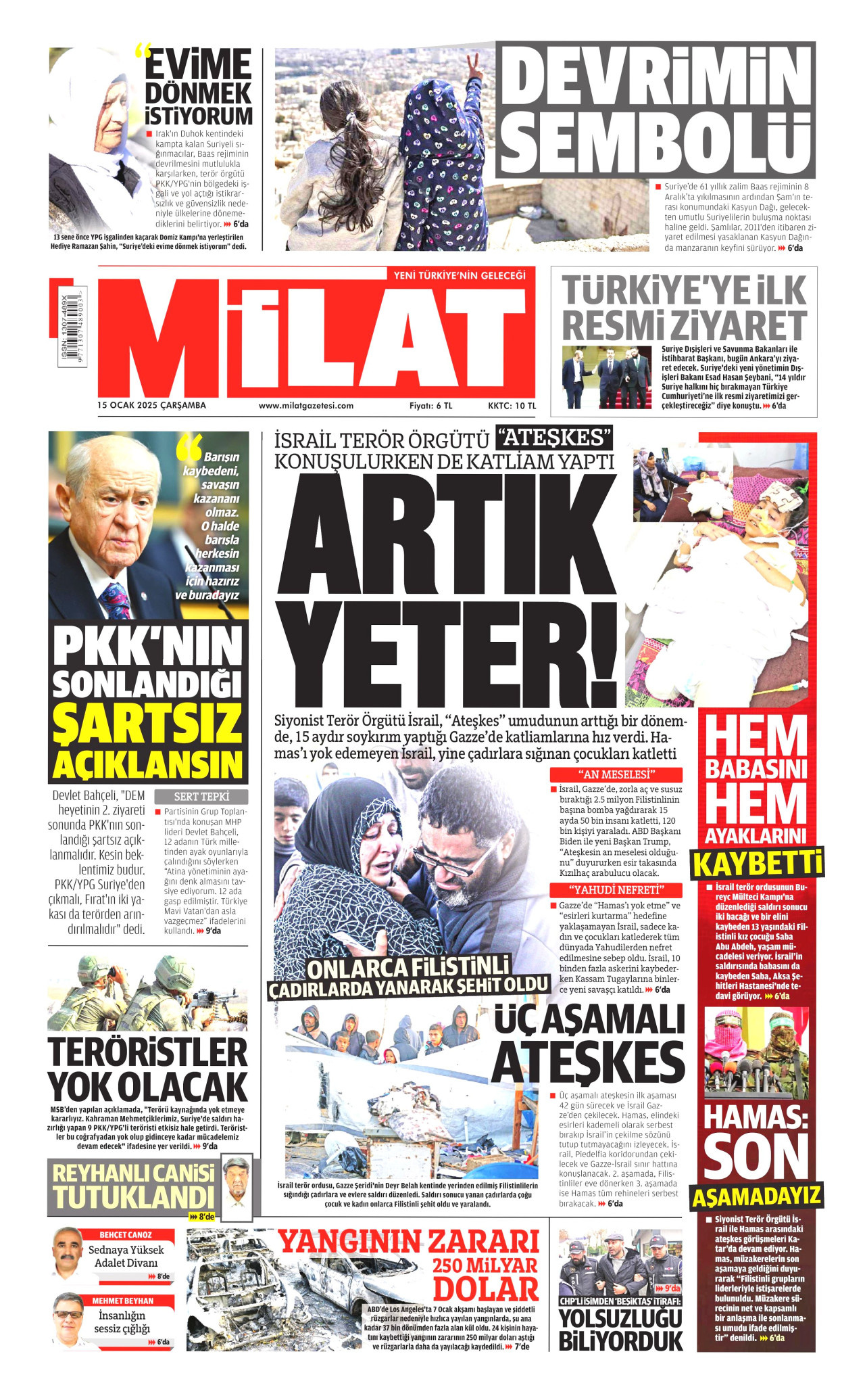 MİLAT gazetesinin 15 Ocak 2025 tarihli birinci sayfası