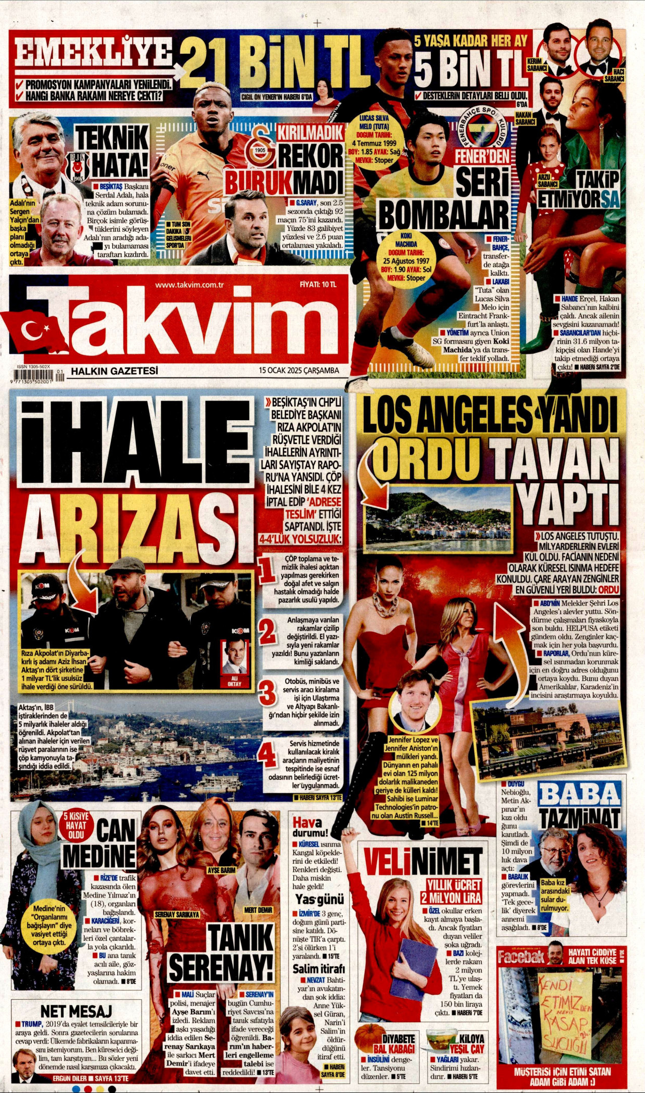 TAKVİM gazetesinin 15 Ocak 2025 tarihli birinci sayfası
