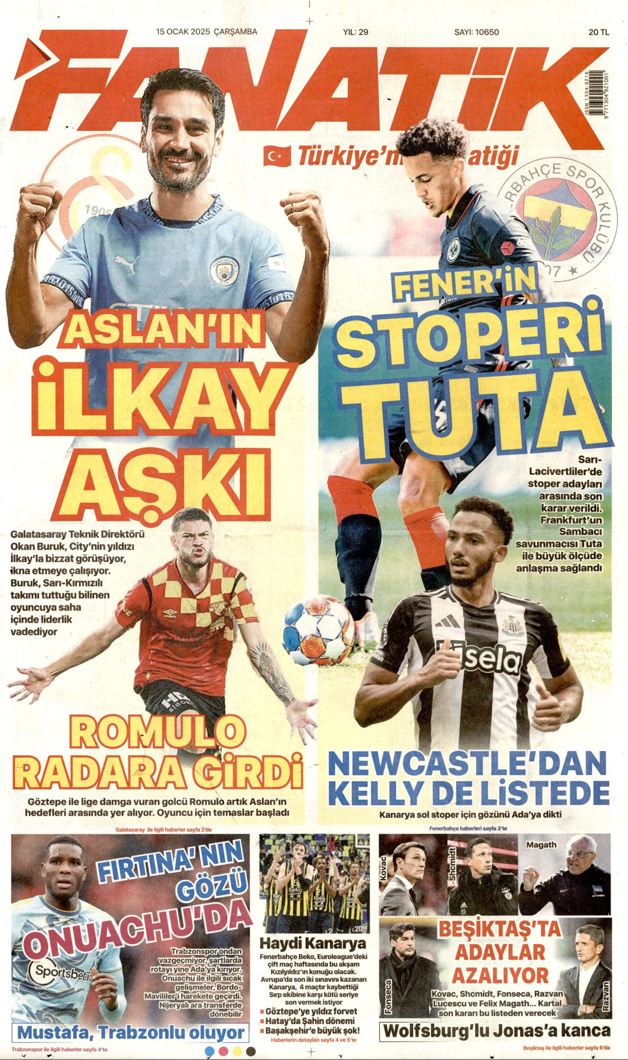 FANATİK gazetesinin 15 Ocak 2025 tarihli birinci sayfası