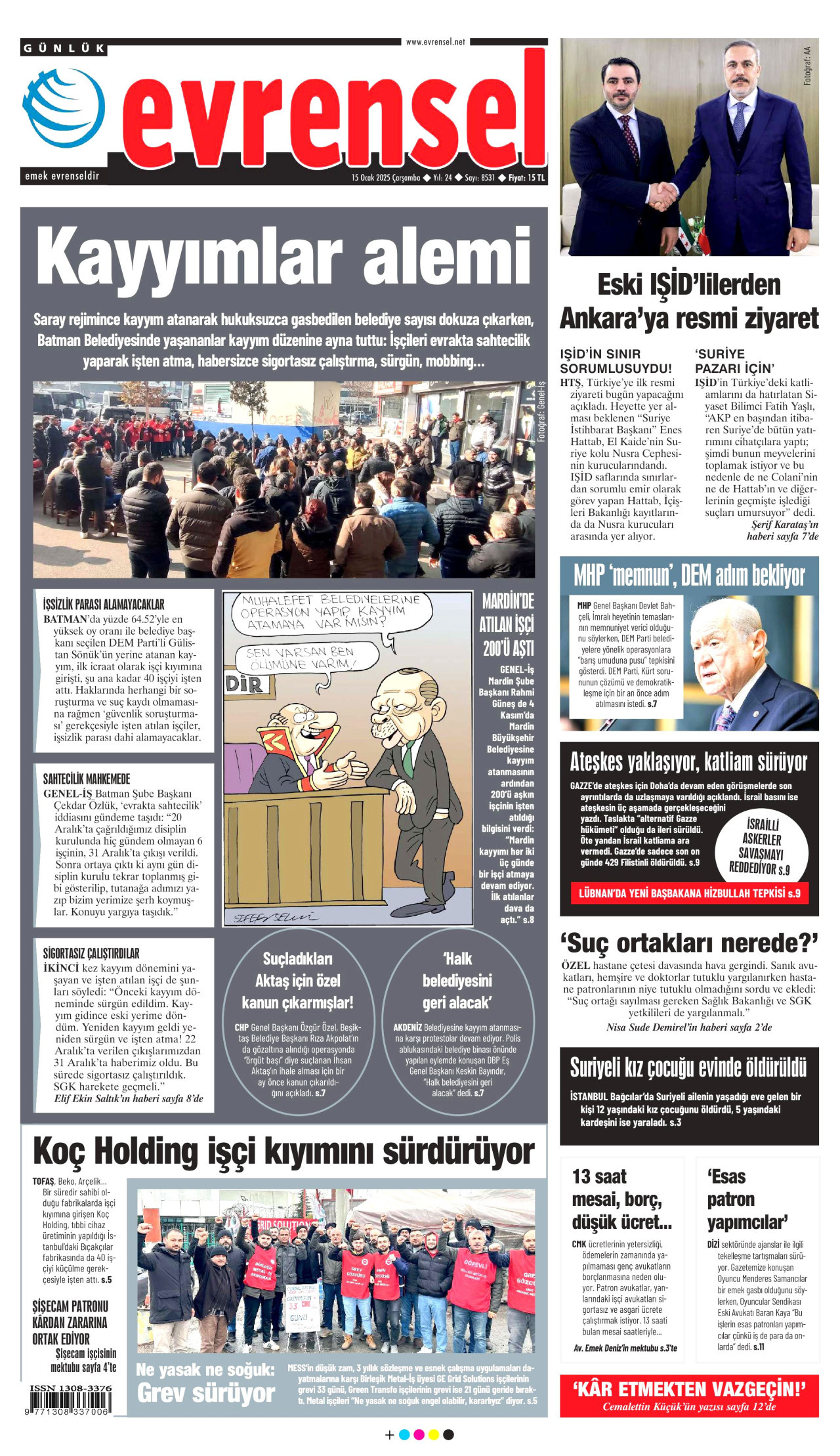 EVRENSEL gazetesinin 15 Ocak 2025 tarihli birinci sayfası