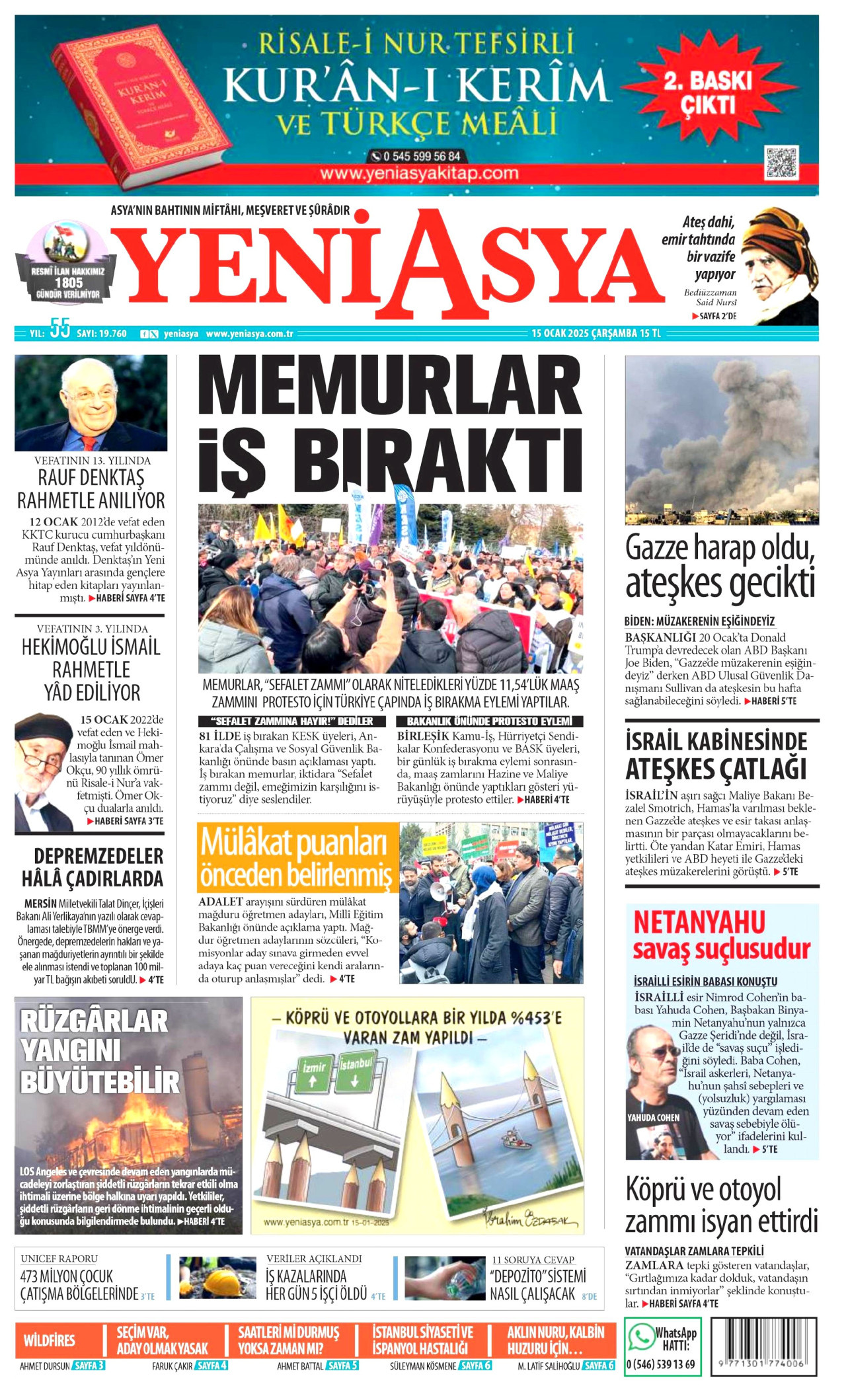 YENİ ASYA gazetesinin 15 Ocak 2025 tarihli birinci sayfası