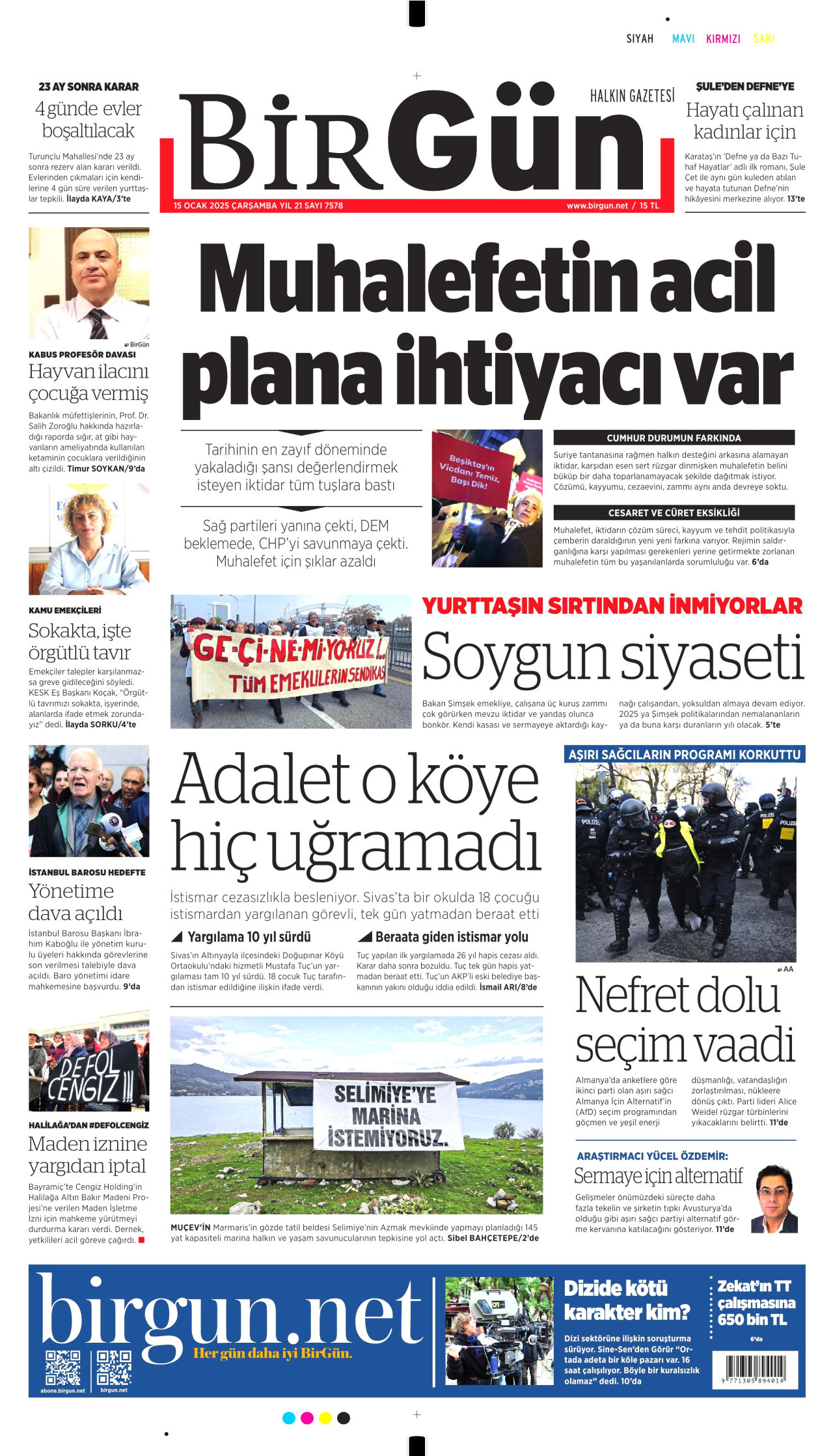 BİRGÜN gazetesinin 15 Ocak 2025 tarihli birinci sayfası