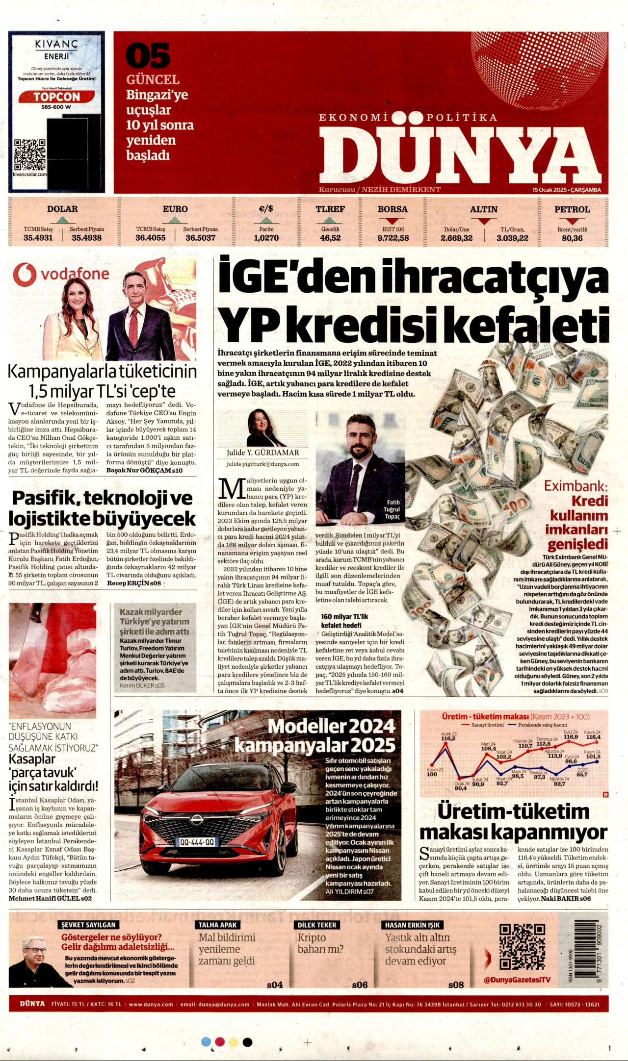 DÜNYA gazetesinin 15 Ocak 2025 tarihli birinci sayfası