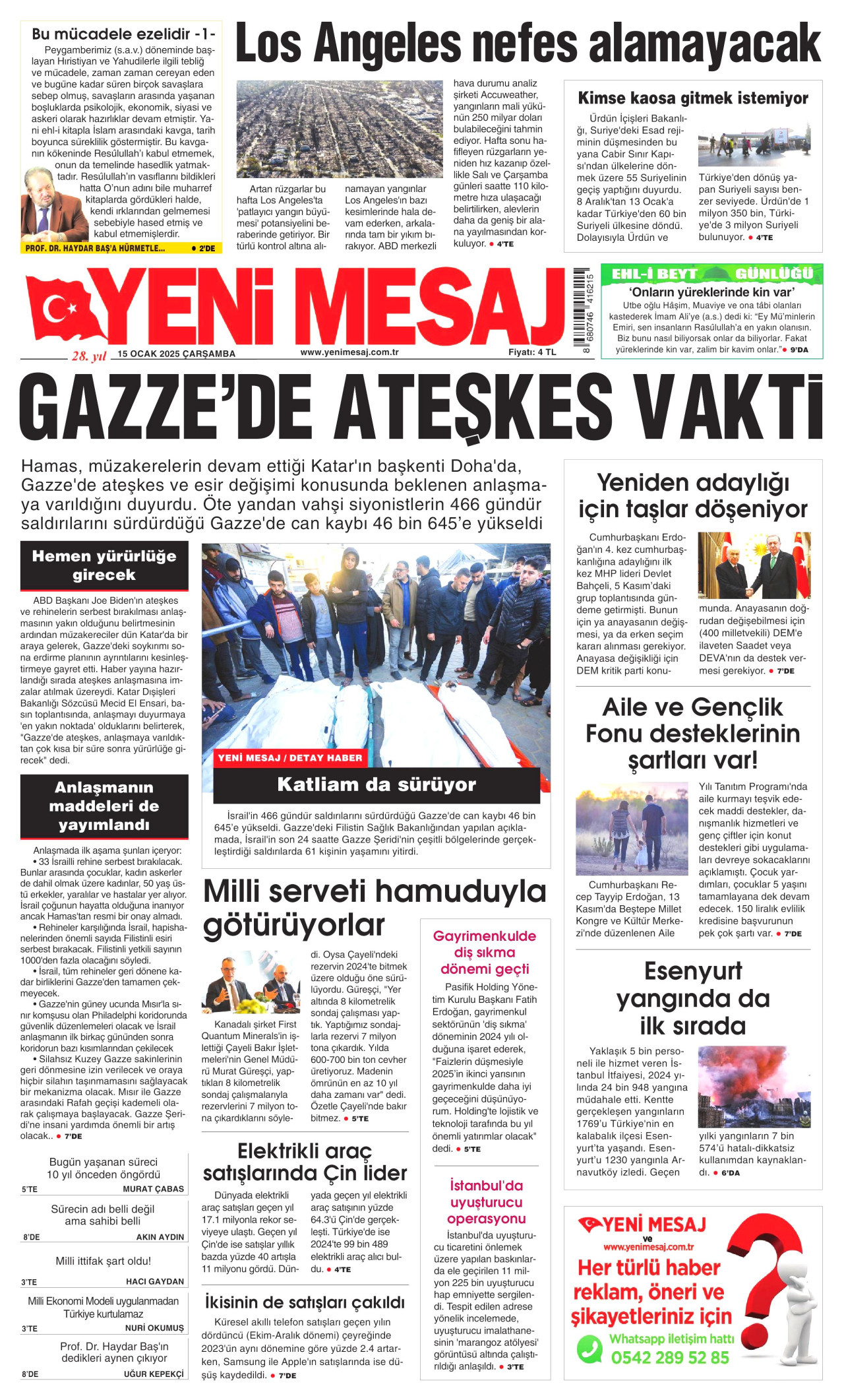 YENİ MESAJ gazetesinin 15 Ocak 2025 tarihli birinci sayfası