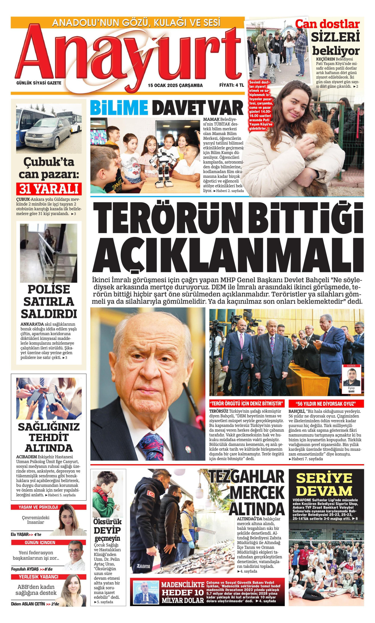 ANAYURT gazetesinin 15 Ocak 2025 tarihli birinci sayfası