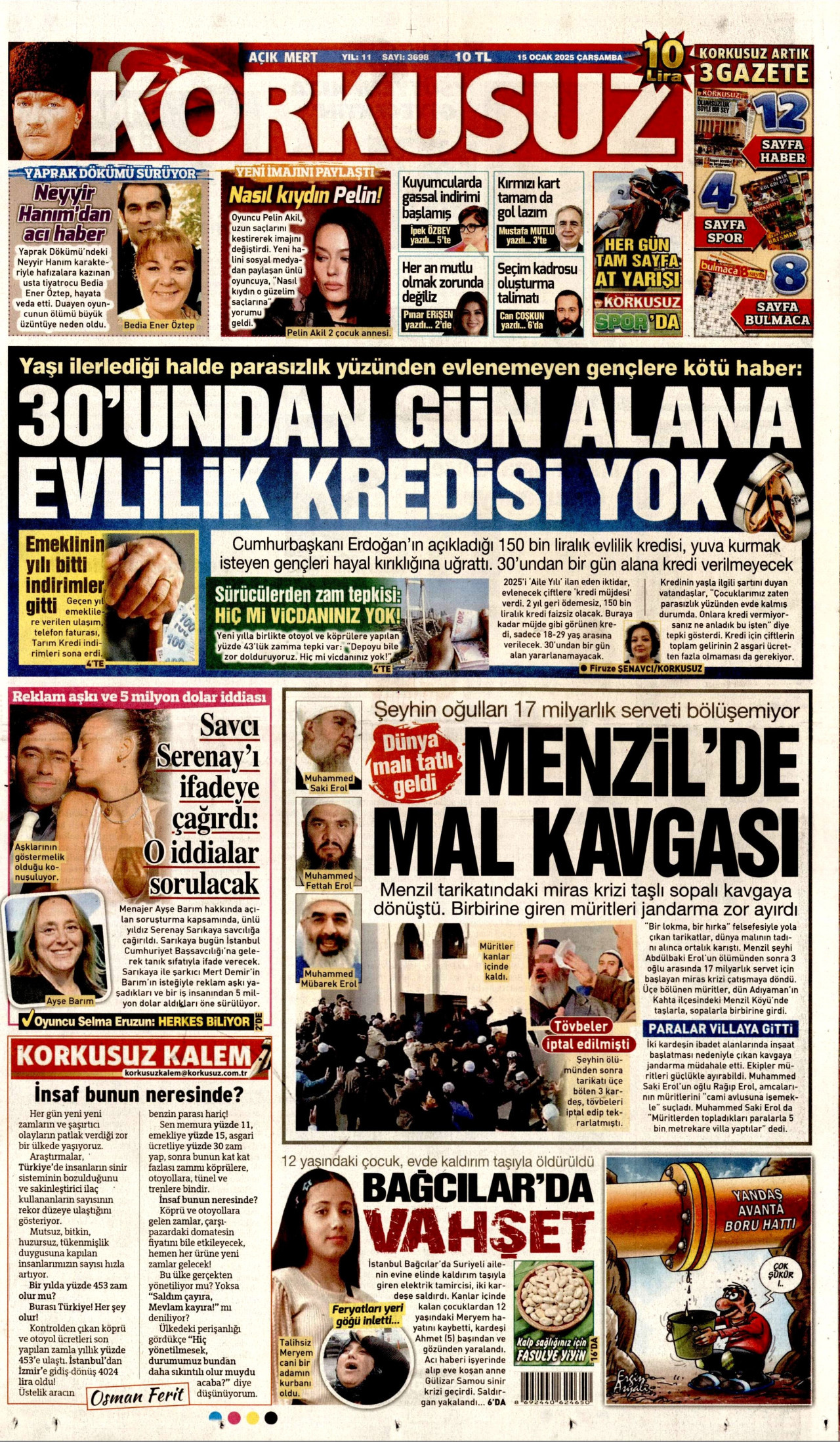 KORKUSUZ gazetesinin 15 Ocak 2025 tarihli birinci sayfası