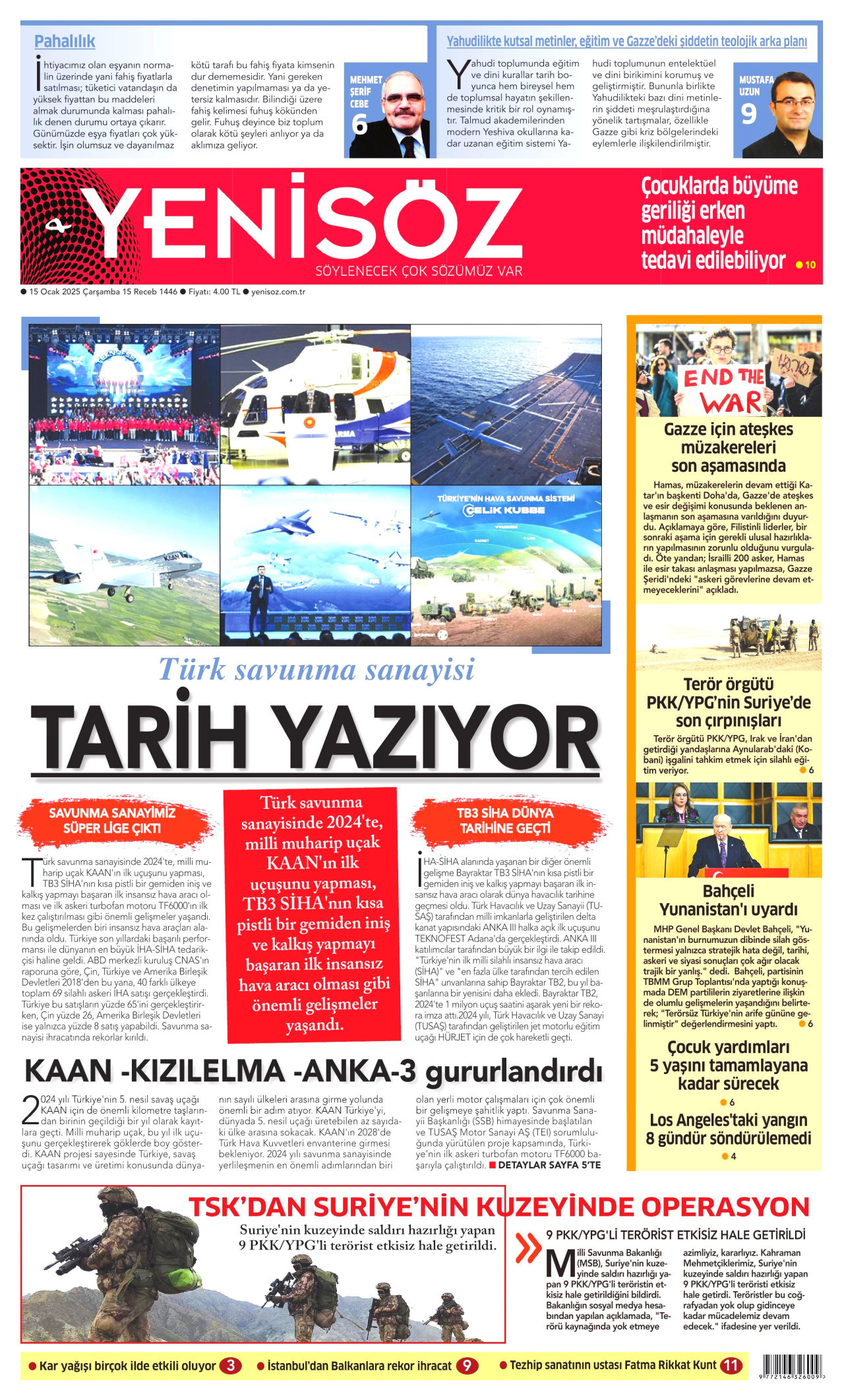 YENİ SÖZ GAZETESİ gazetesinin 15 Ocak 2025 tarihli birinci sayfası
