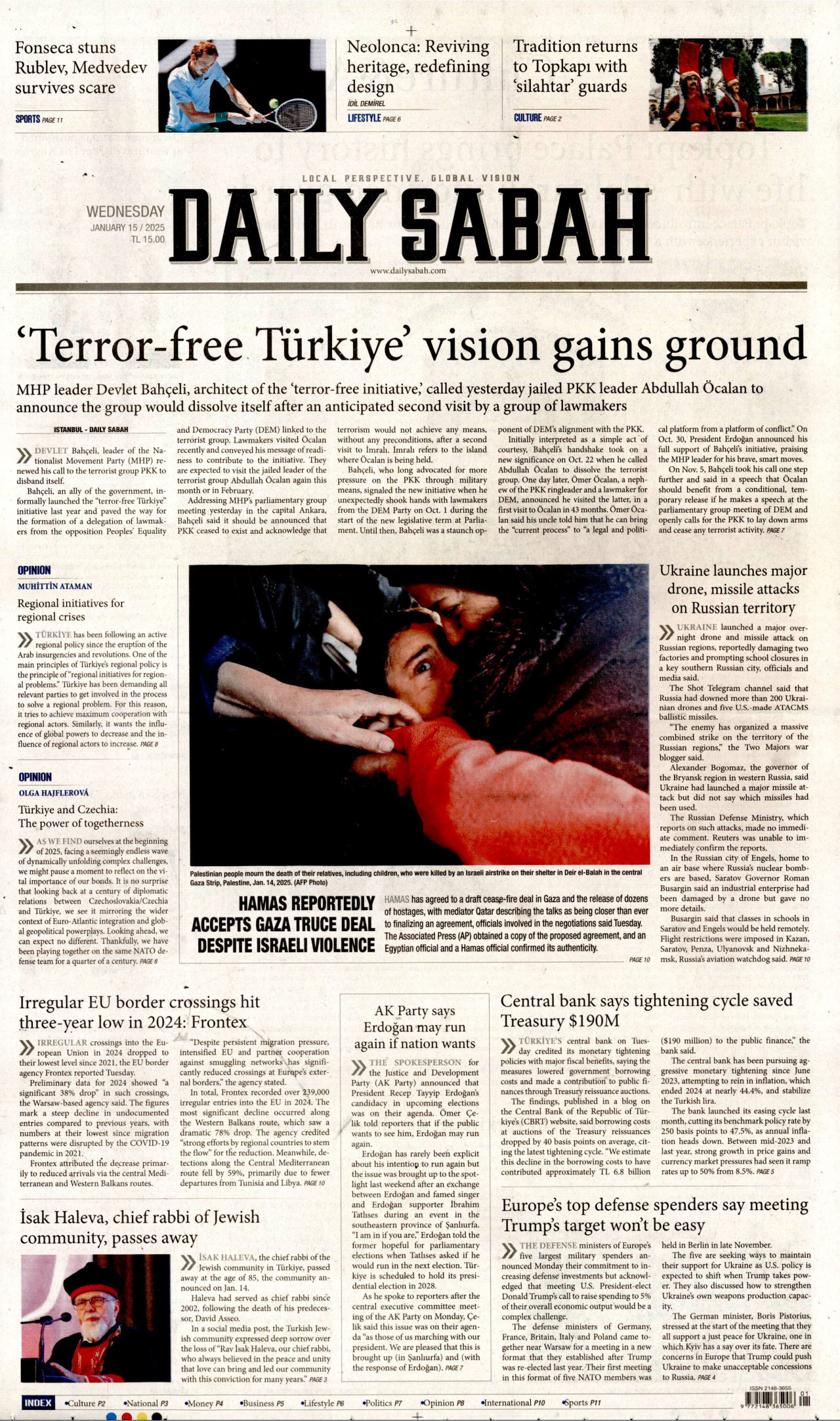DAİLY SABAH gazetesinin 15 Ocak 2025 tarihli birinci sayfası