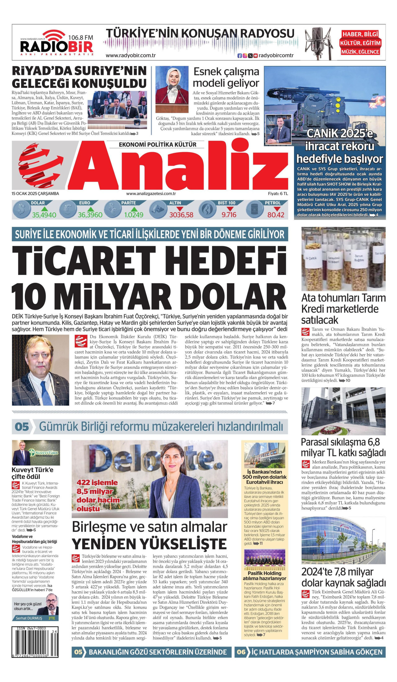 ANALİZ gazetesinin 15 Ocak 2025 tarihli birinci sayfası