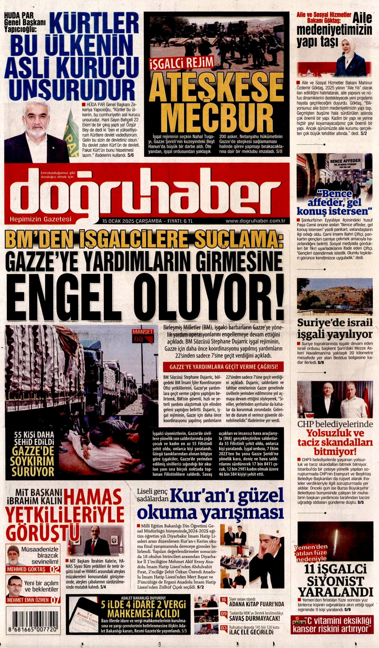 DOĞRU HABER gazetesinin 15 Ocak 2025 tarihli birinci sayfası
