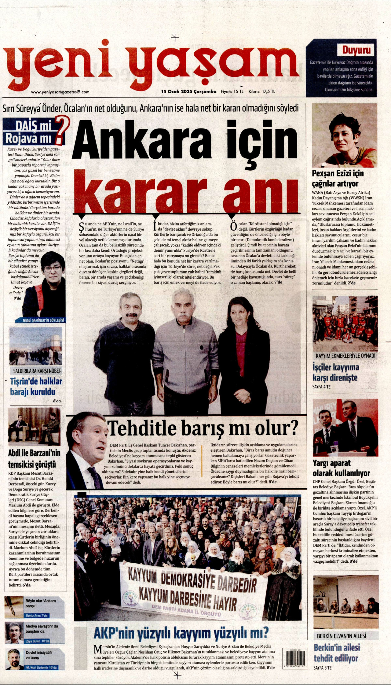 YENİ YAŞAM gazetesinin 15 Ocak 2025 tarihli birinci sayfası