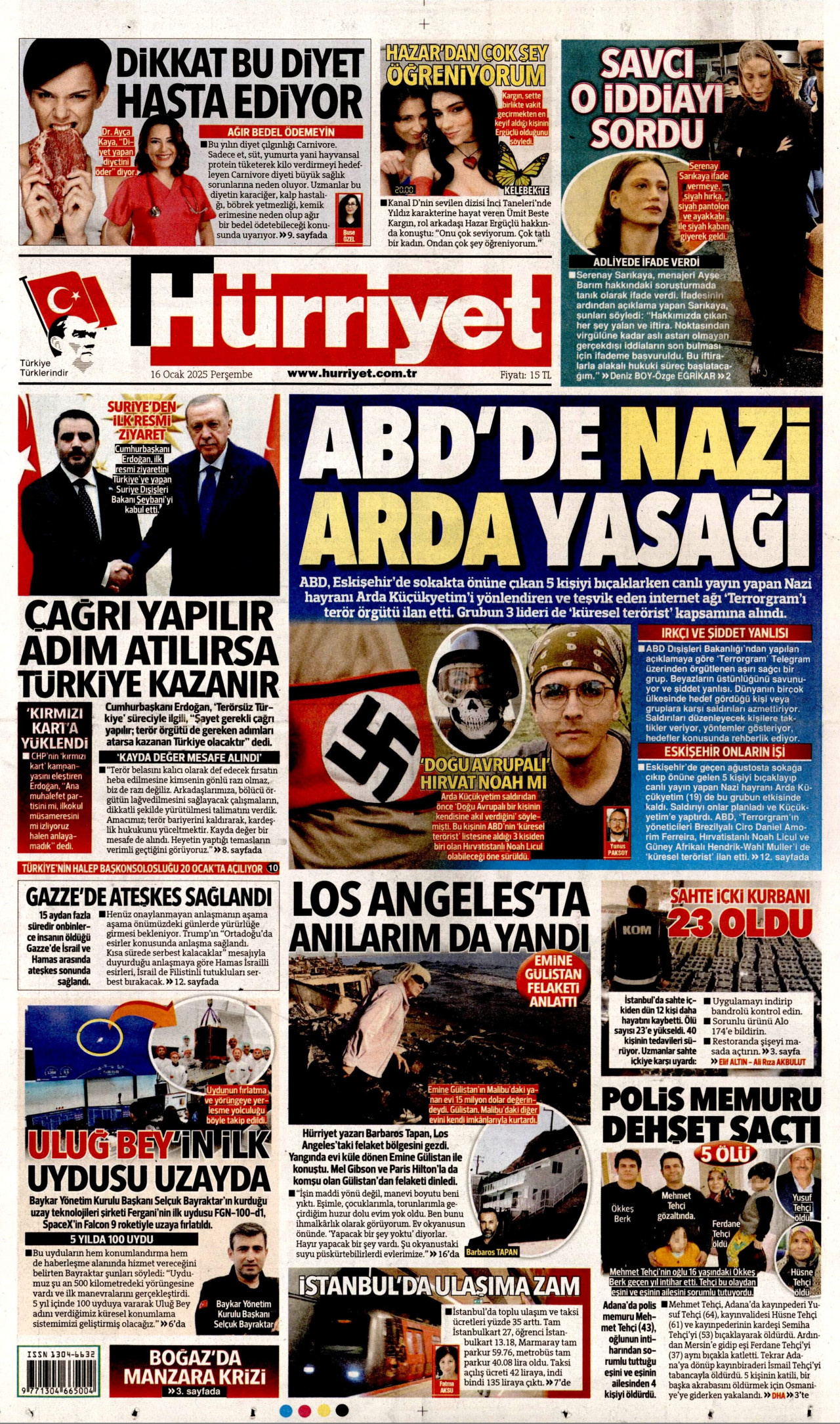 HÜRRİYET gazetesinin 16 Ocak 2025 tarihli birinci sayfası