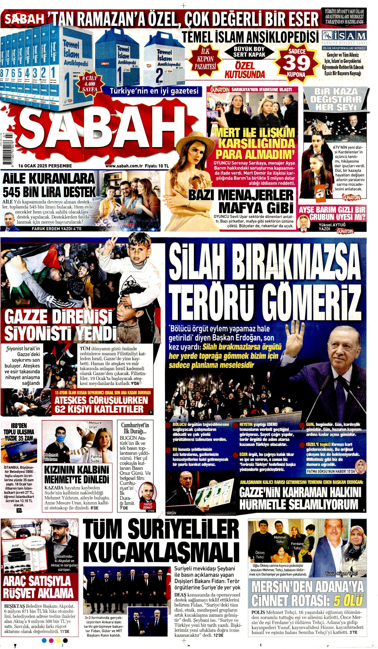 SABAH gazetesinin 16 Ocak 2025 tarihli birinci sayfası