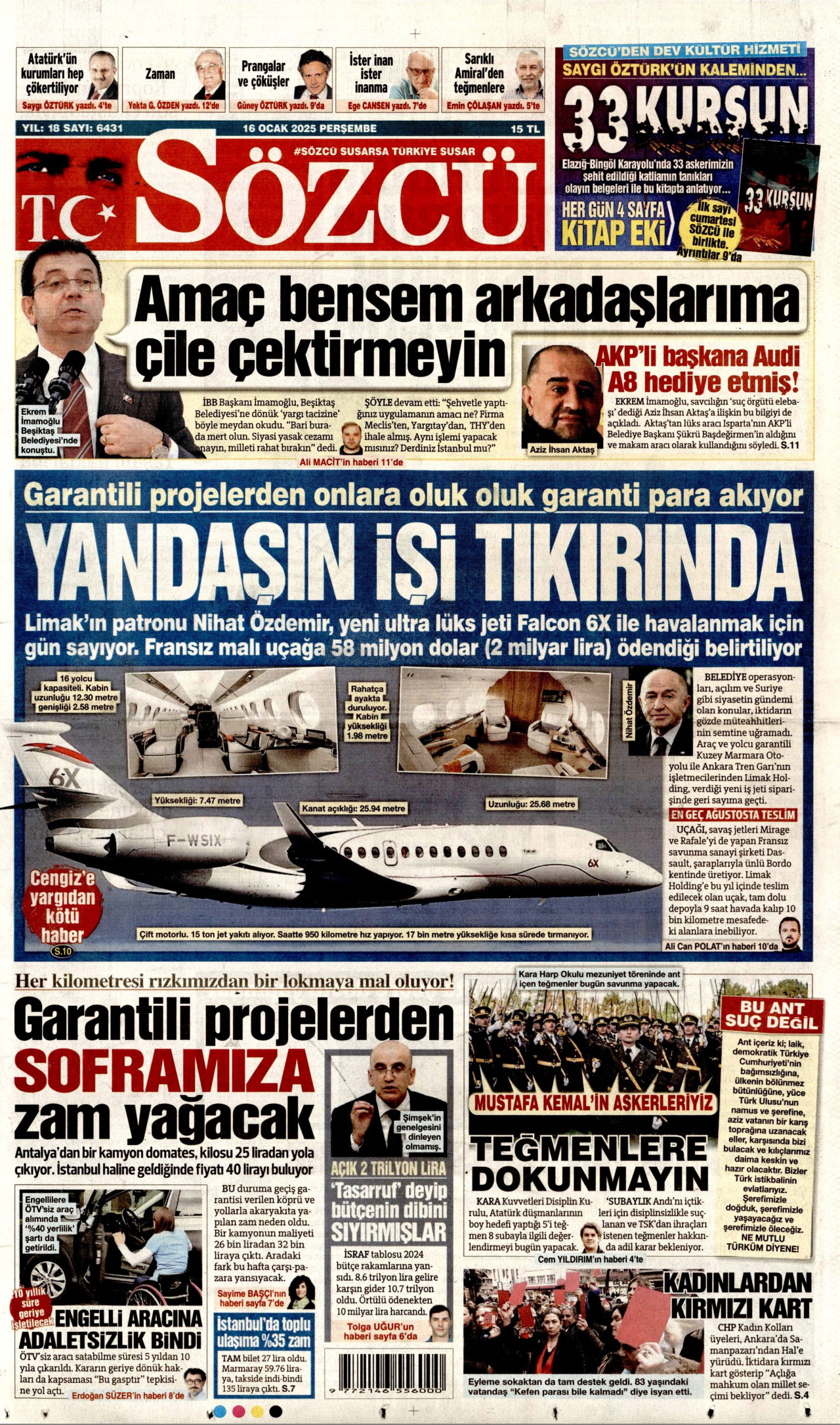 SÖZCÜ gazetesinin 16 Ocak 2025 tarihli birinci sayfası