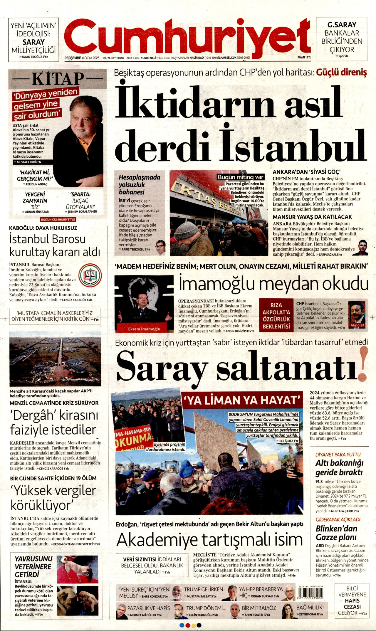 CUMHURİYET gazetesinin 16 Ocak 2025 tarihli birinci sayfası