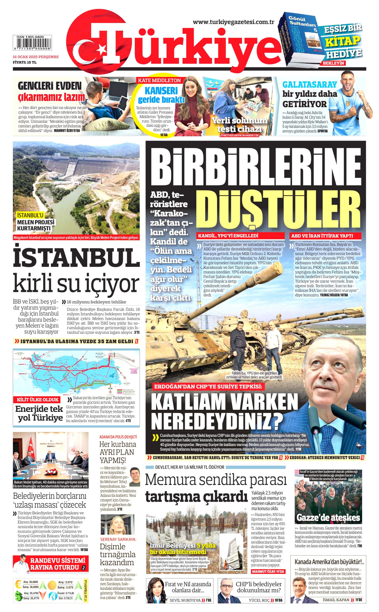 TÜRKİYE GAZETESİ gazetesinin 16 Ocak 2025 tarihli birinci sayfası