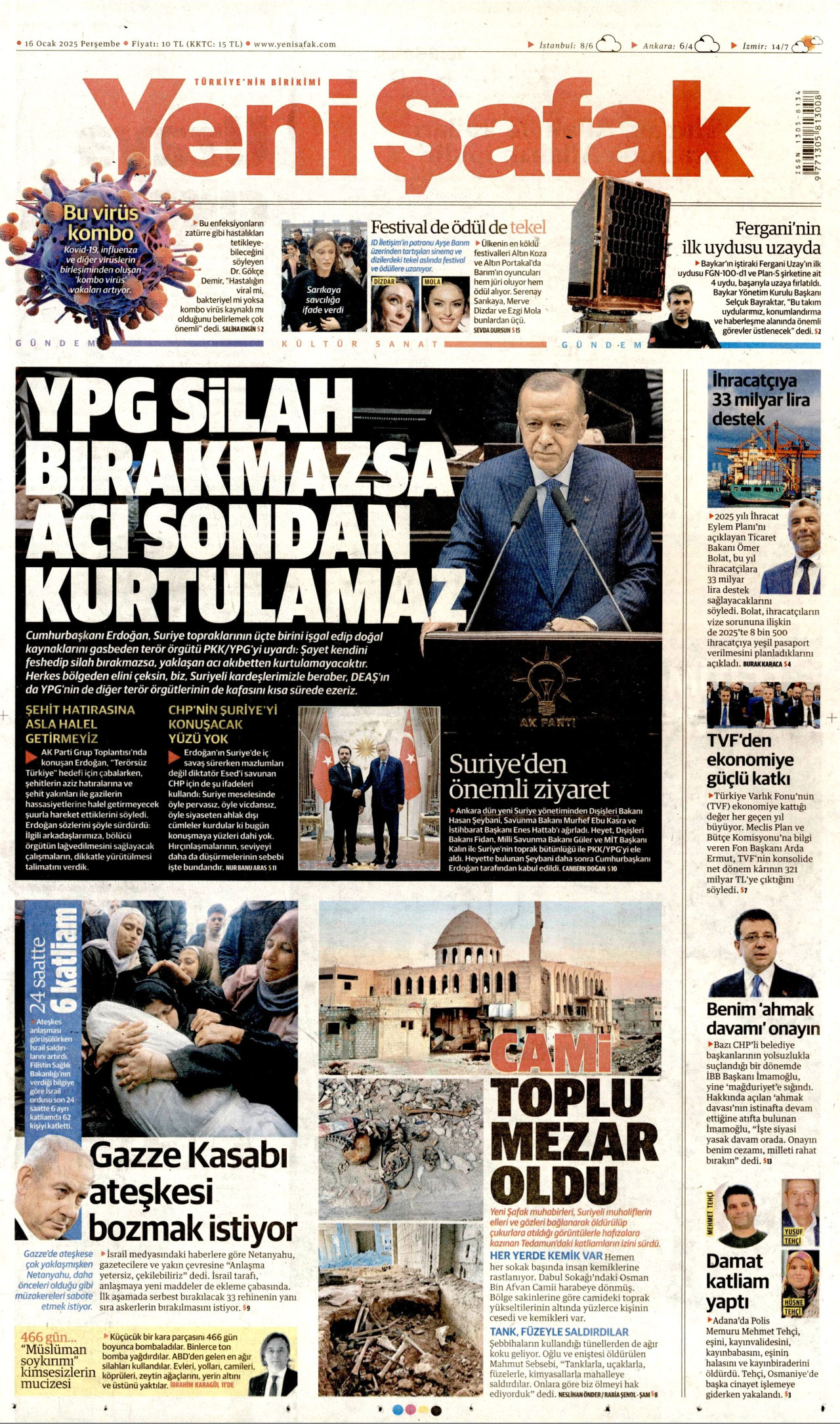 YENİ ŞAFAK gazetesinin 16 Ocak 2025 tarihli birinci sayfası