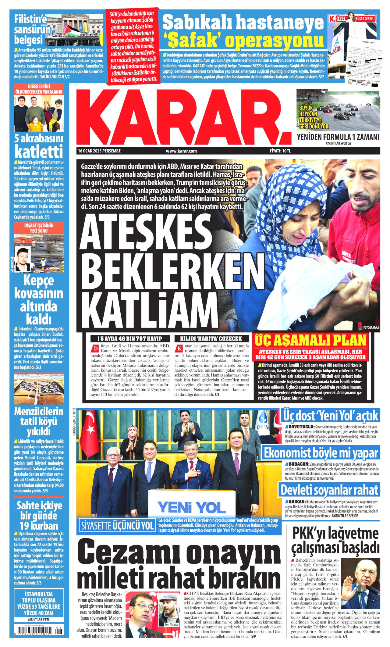 KARAR gazetesinin 16 Ocak 2025 tarihli birinci sayfası