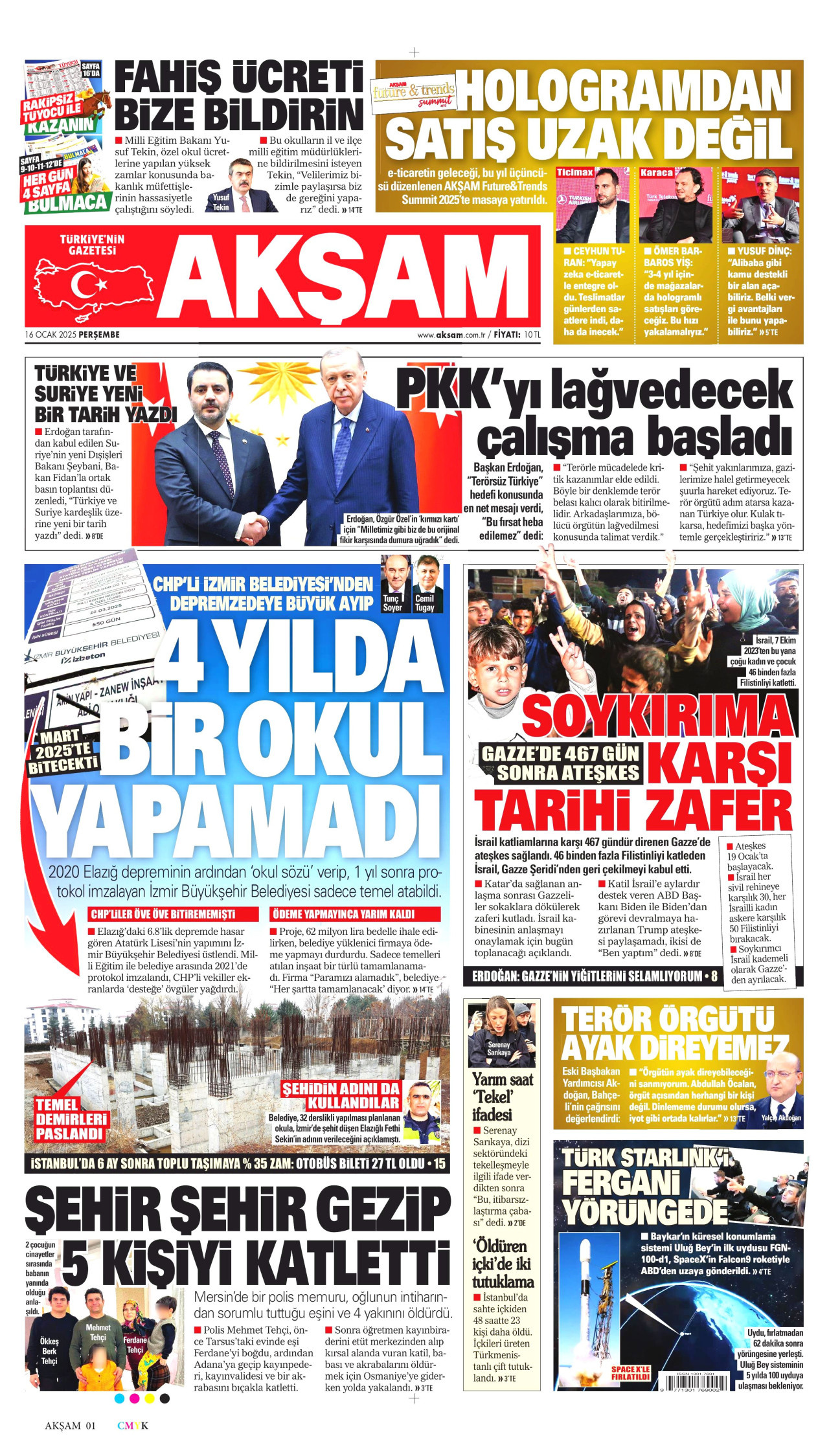 AKŞAM gazetesinin 16 Ocak 2025 tarihli birinci sayfası
