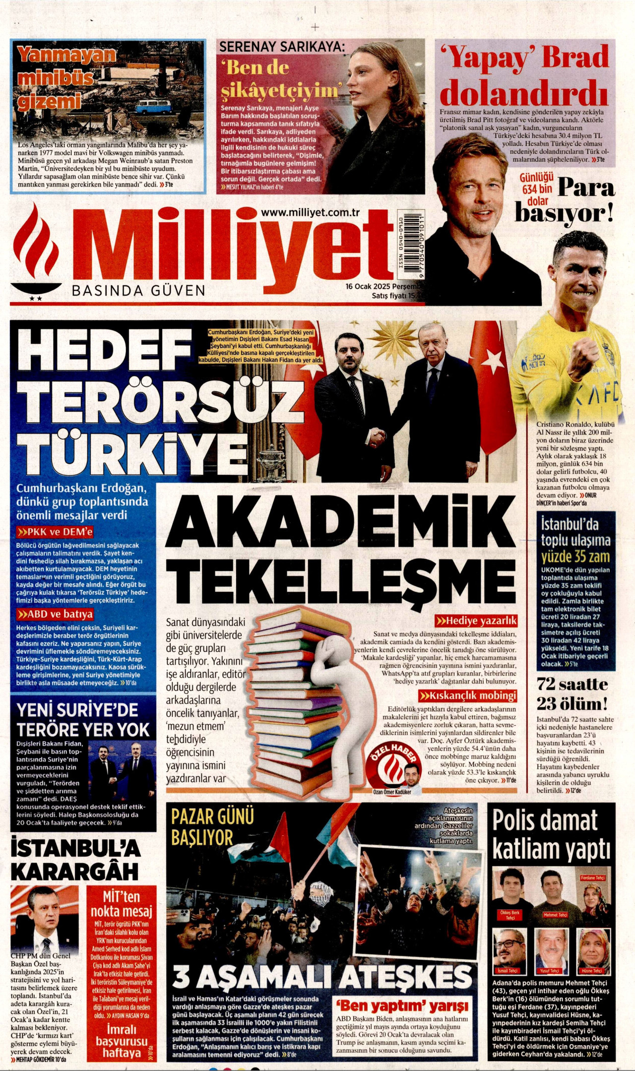 MİLLİYET gazetesinin 16 Ocak 2025 tarihli birinci sayfası