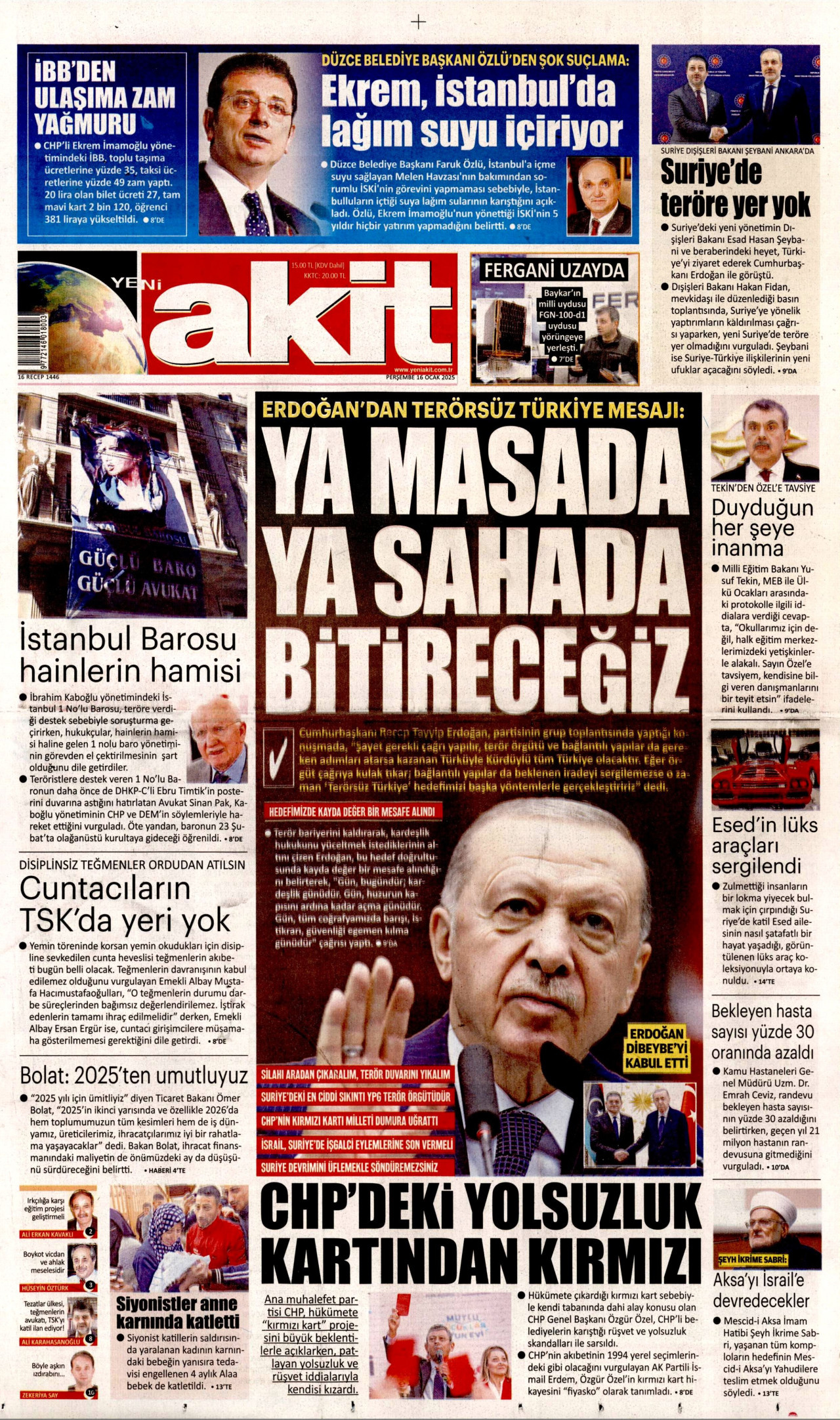 YENİ AKİT gazetesinin 16 Ocak 2025 tarihli birinci sayfası