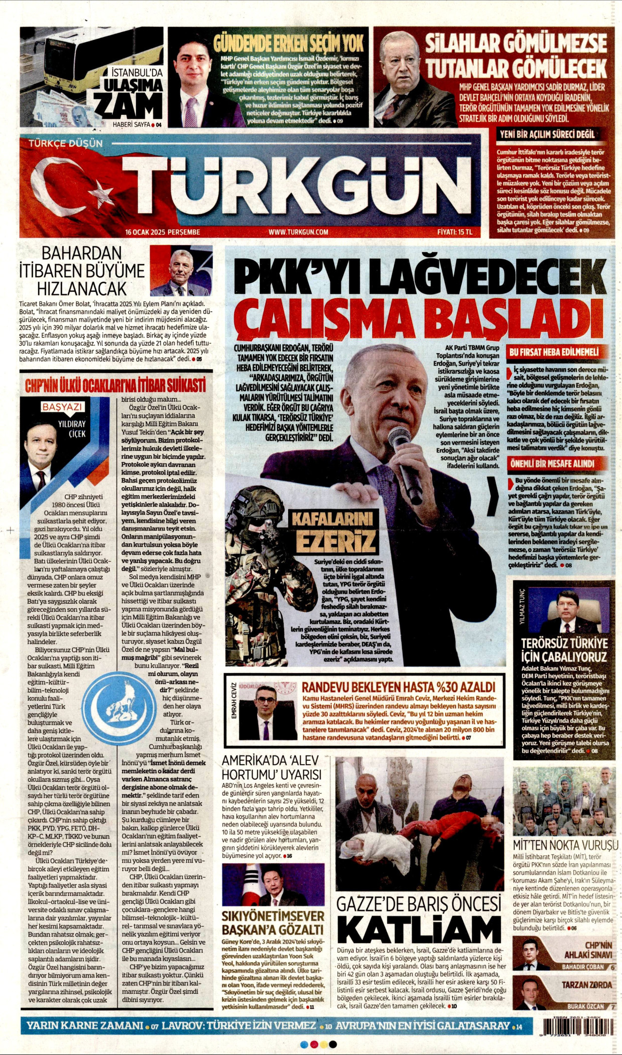 TÜRKGÜN gazetesinin 16 Ocak 2025 tarihli birinci sayfası