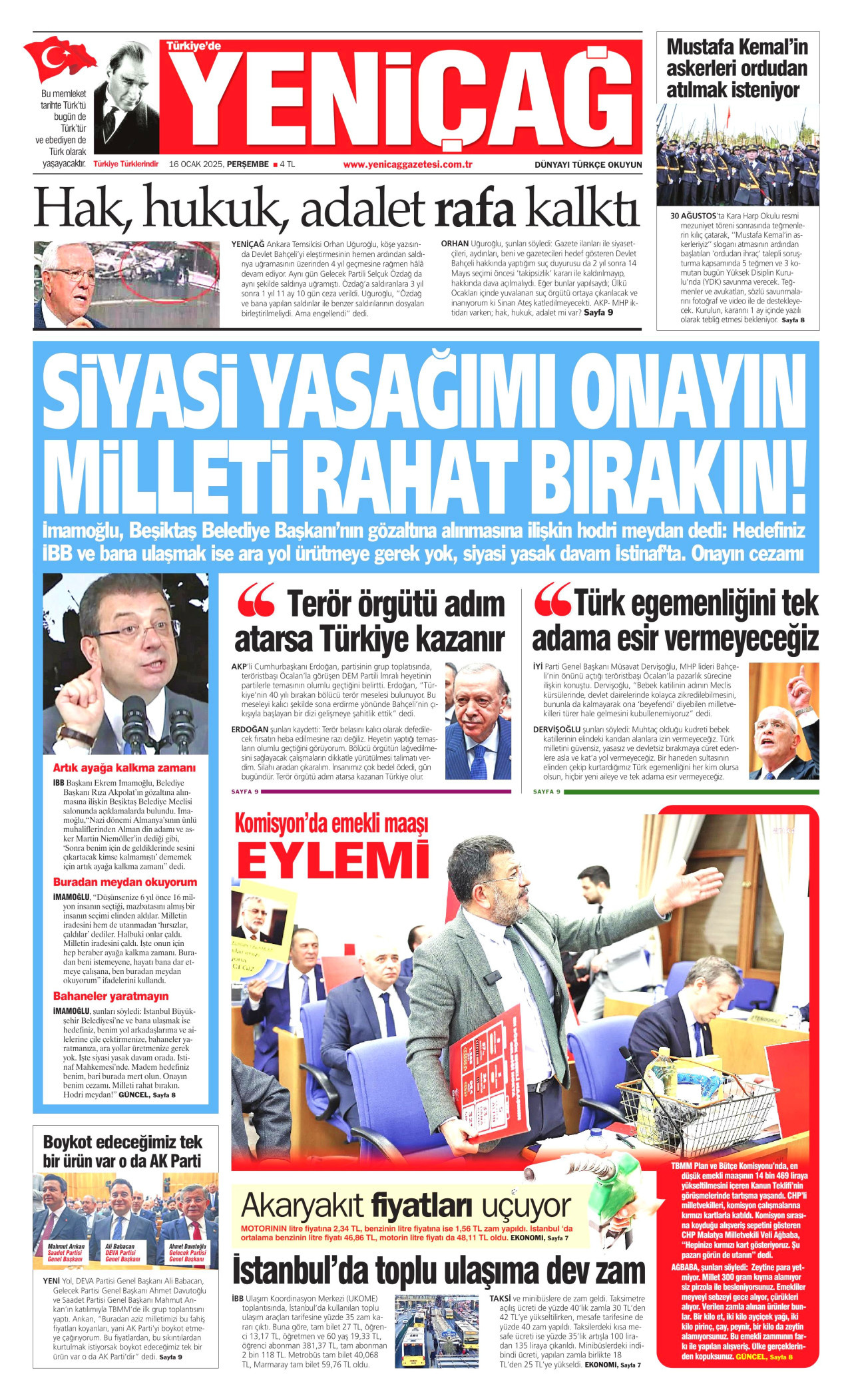 YENİÇAĞ gazetesinin 16 Ocak 2025 tarihli birinci sayfası