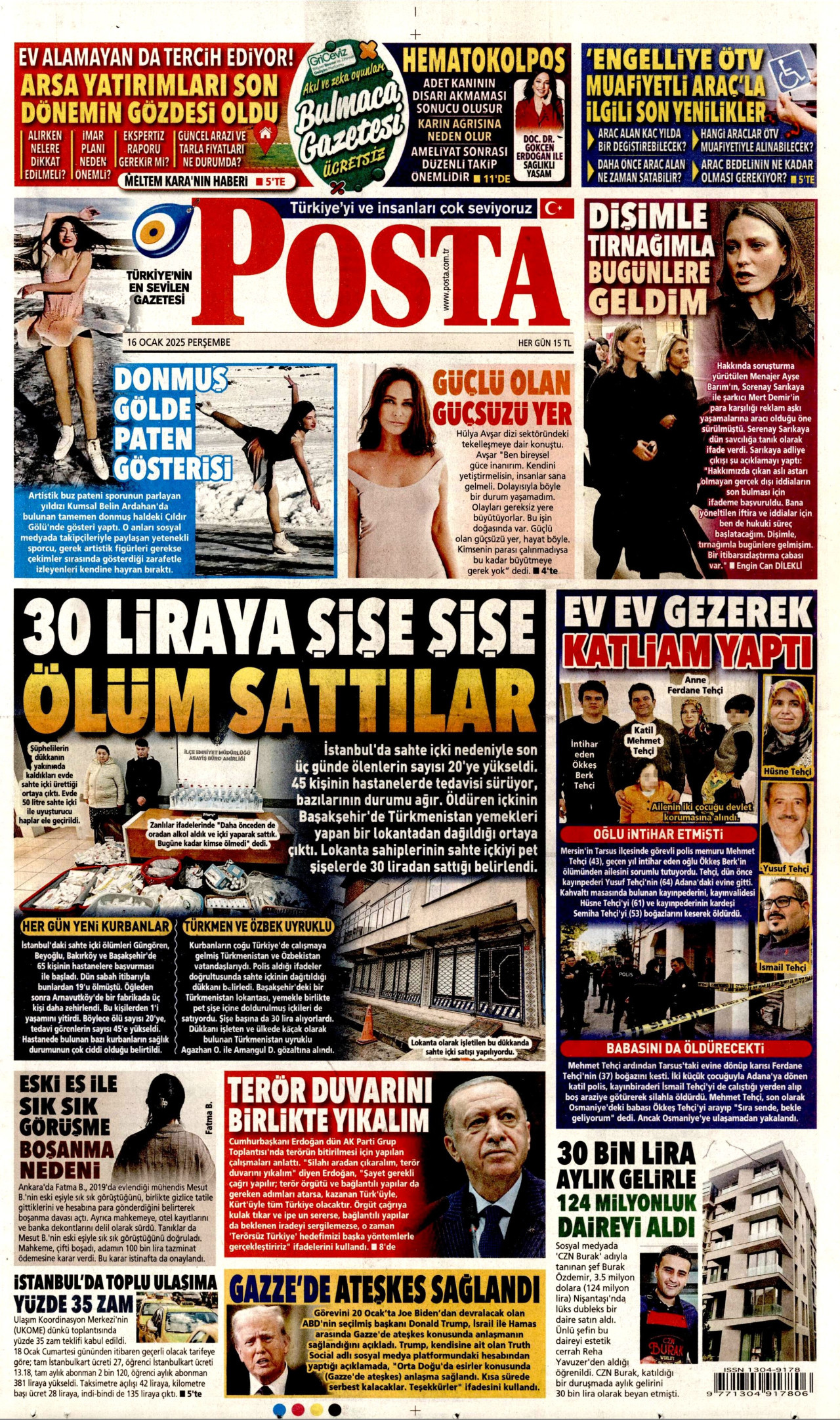 POSTA gazetesinin 16 Ocak 2025 tarihli birinci sayfası