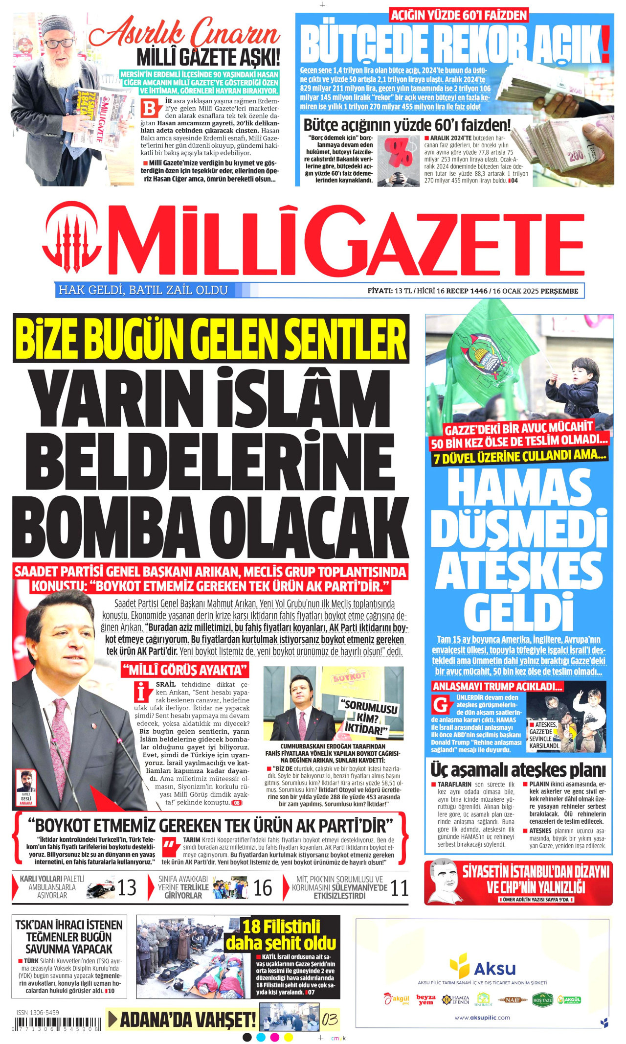MİLLİ GAZETE gazetesinin 16 Ocak 2025 tarihli birinci sayfası