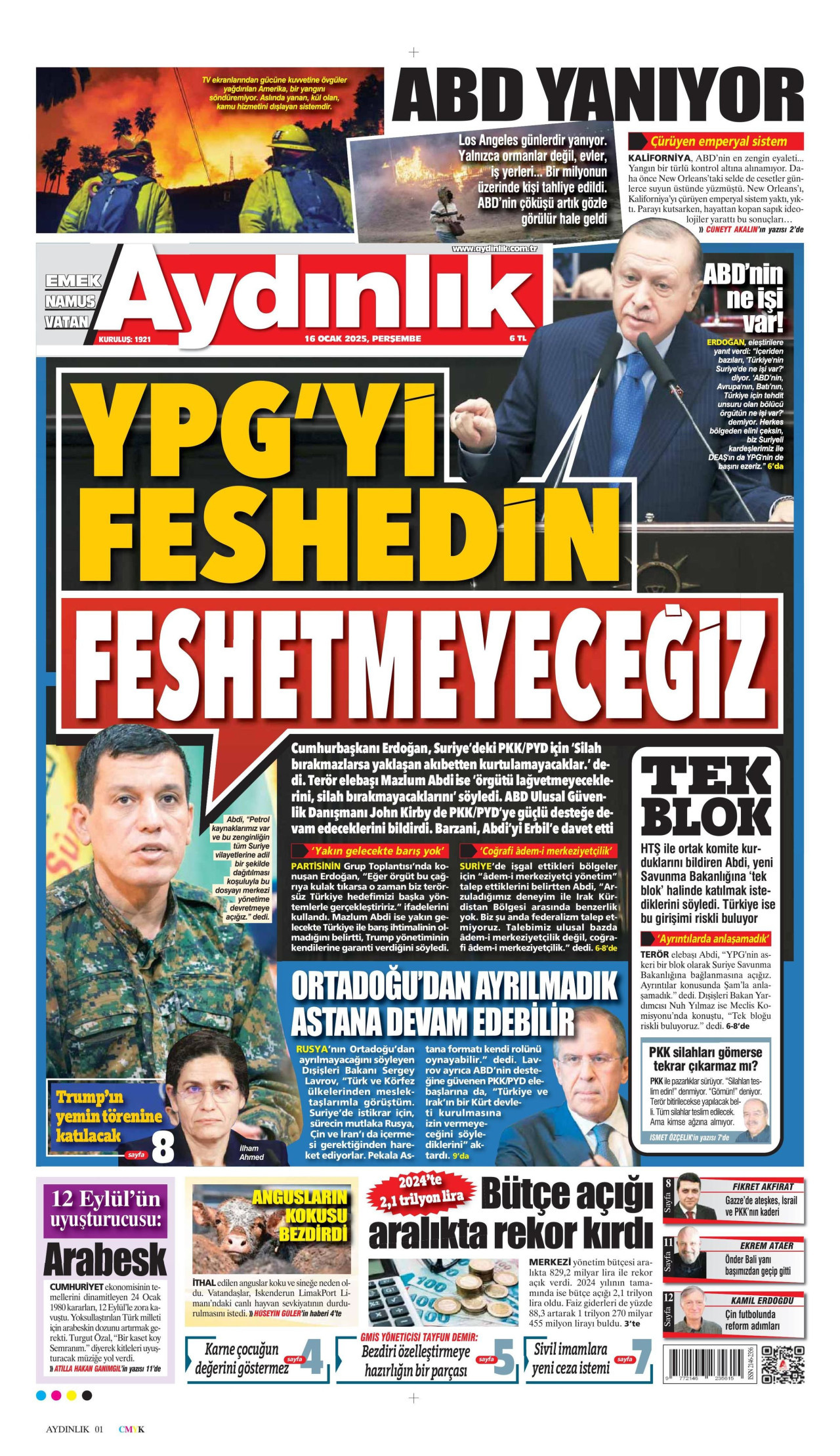 AYDINLIK GAZETESİ gazetesinin 16 Ocak 2025 tarihli birinci sayfası