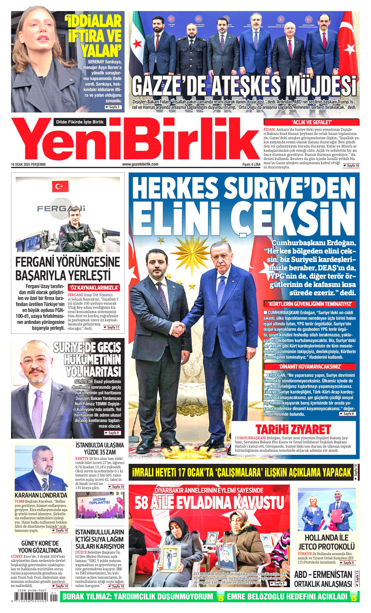 YENİBİRLİK gazetesinin 16 Ocak 2025 tarihli birinci sayfası