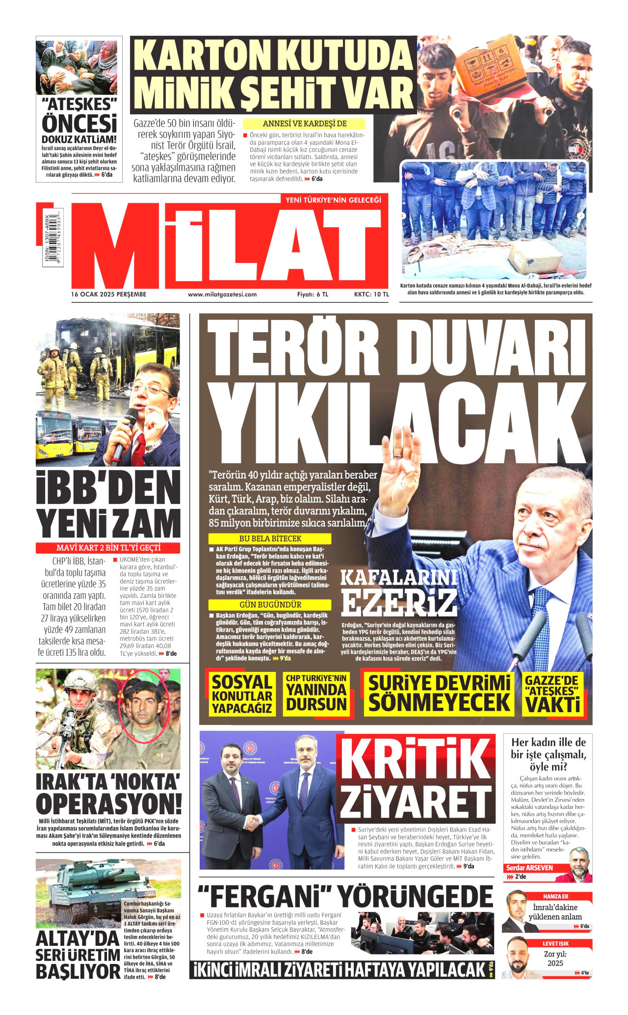MİLAT gazetesinin 16 Ocak 2025 tarihli birinci sayfası