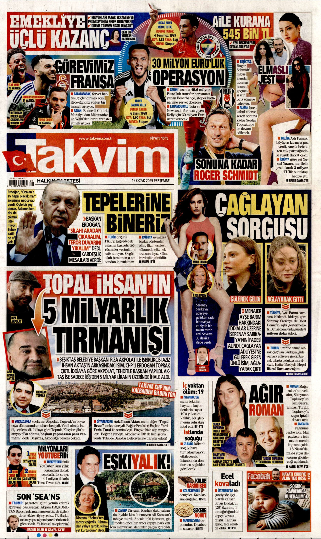 TAKVİM gazetesinin 16 Ocak 2025 tarihli birinci sayfası