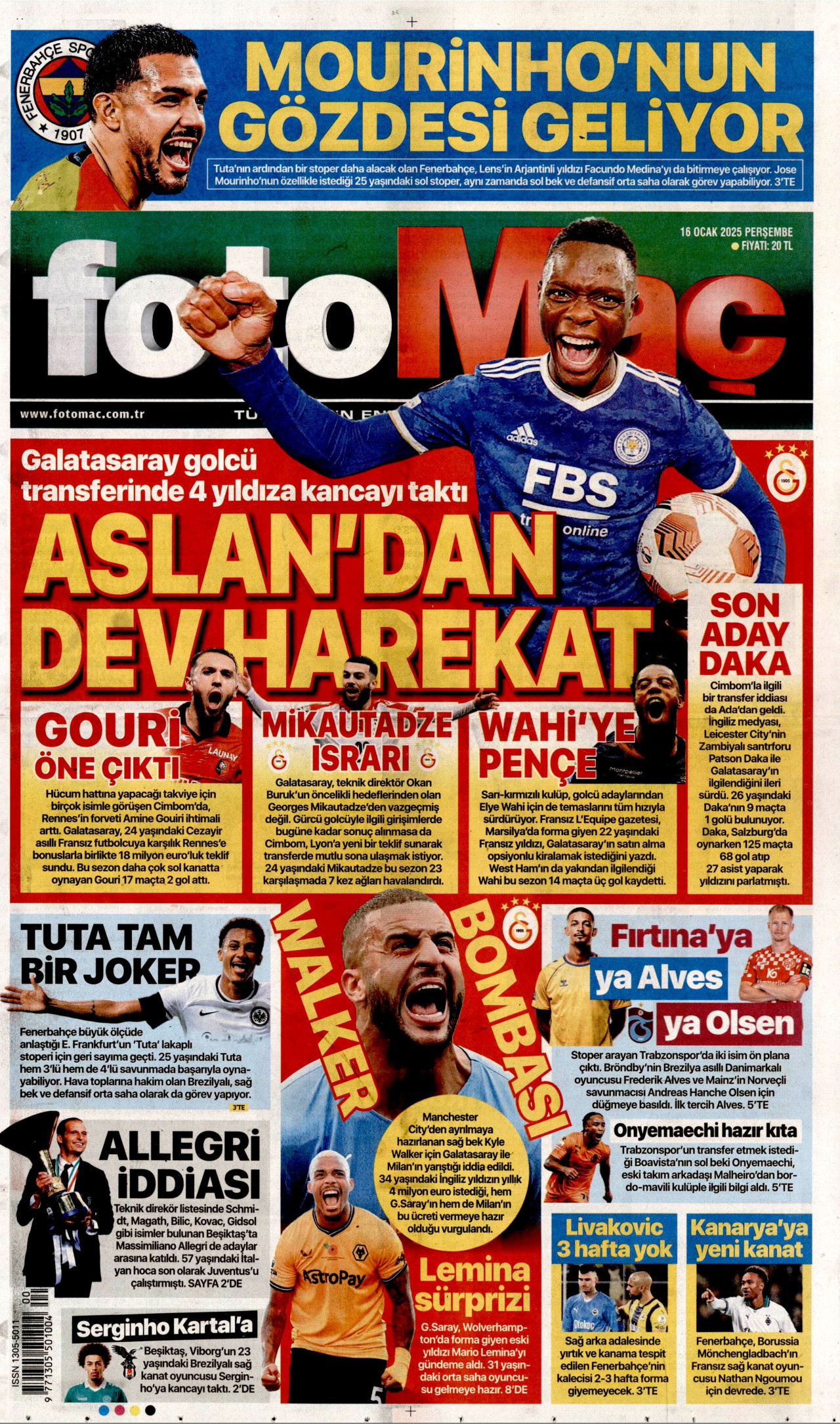 FOTOMAÇ gazetesinin 16 Ocak 2025 tarihli birinci sayfası
