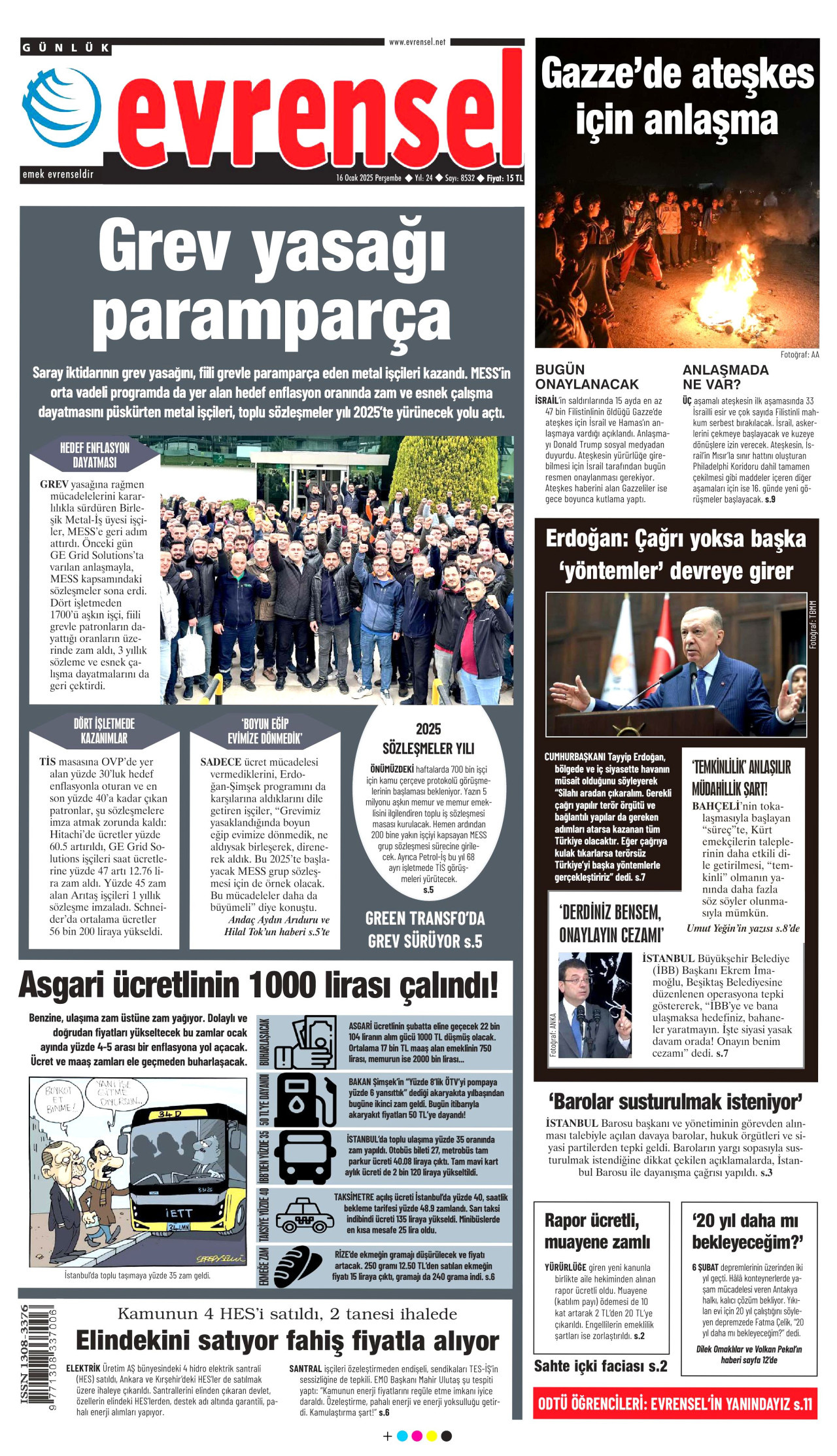 EVRENSEL gazetesinin 16 Ocak 2025 tarihli birinci sayfası