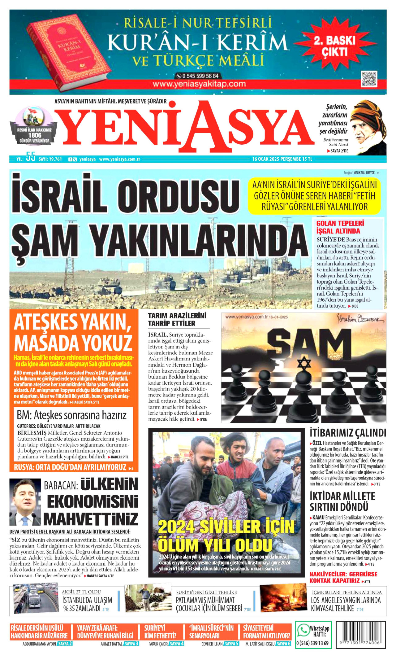 YENİ ASYA gazetesinin 16 Ocak 2025 tarihli birinci sayfası