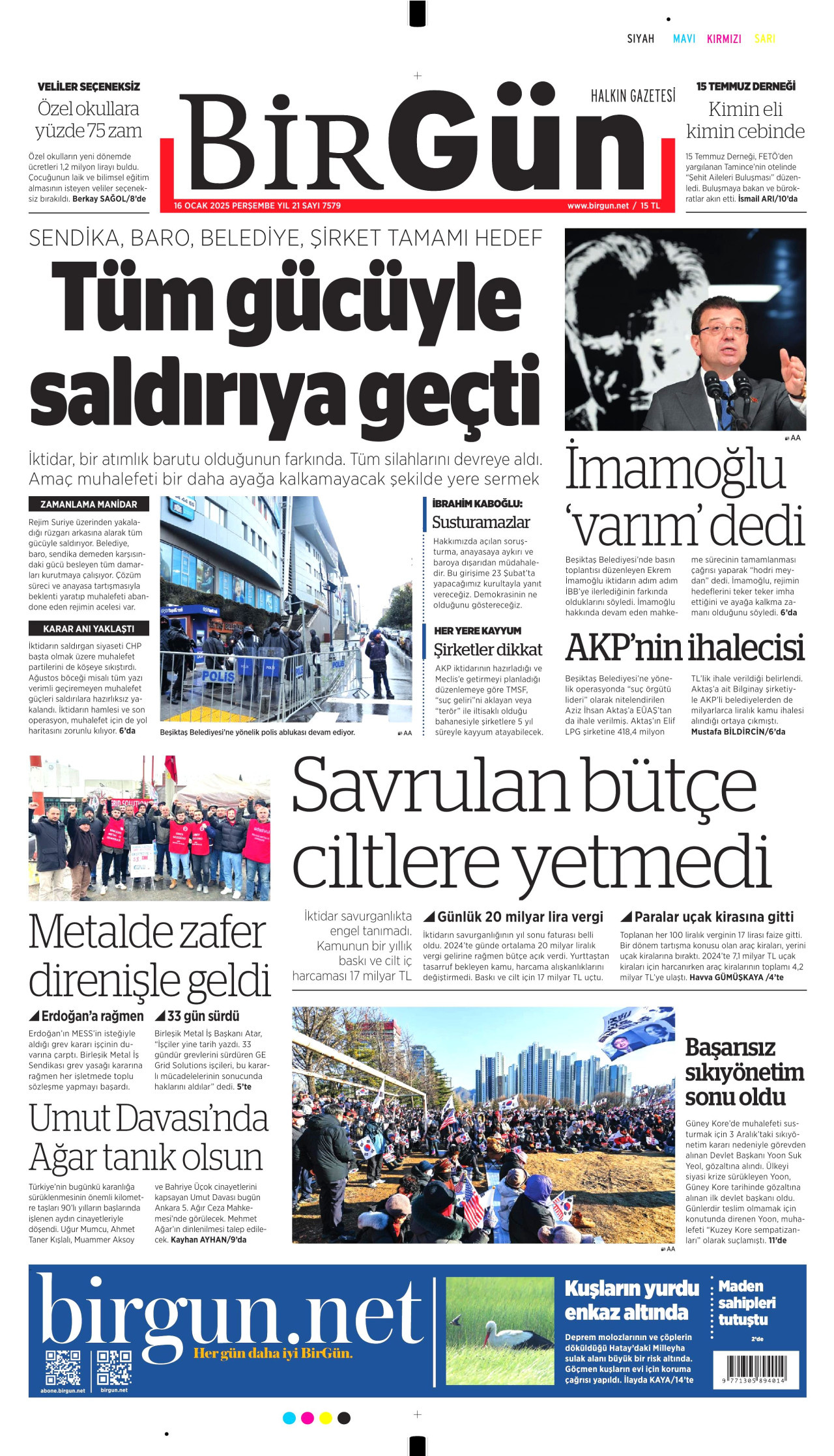 BİRGÜN gazetesinin 16 Ocak 2025 tarihli birinci sayfası
