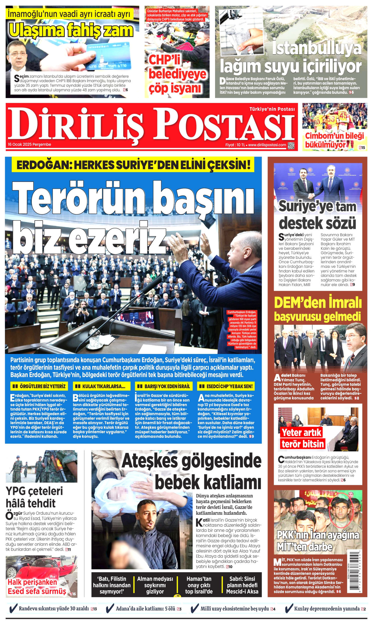 DİRİLİŞ POSTASI gazetesinin 16 Ocak 2025 tarihli birinci sayfası
