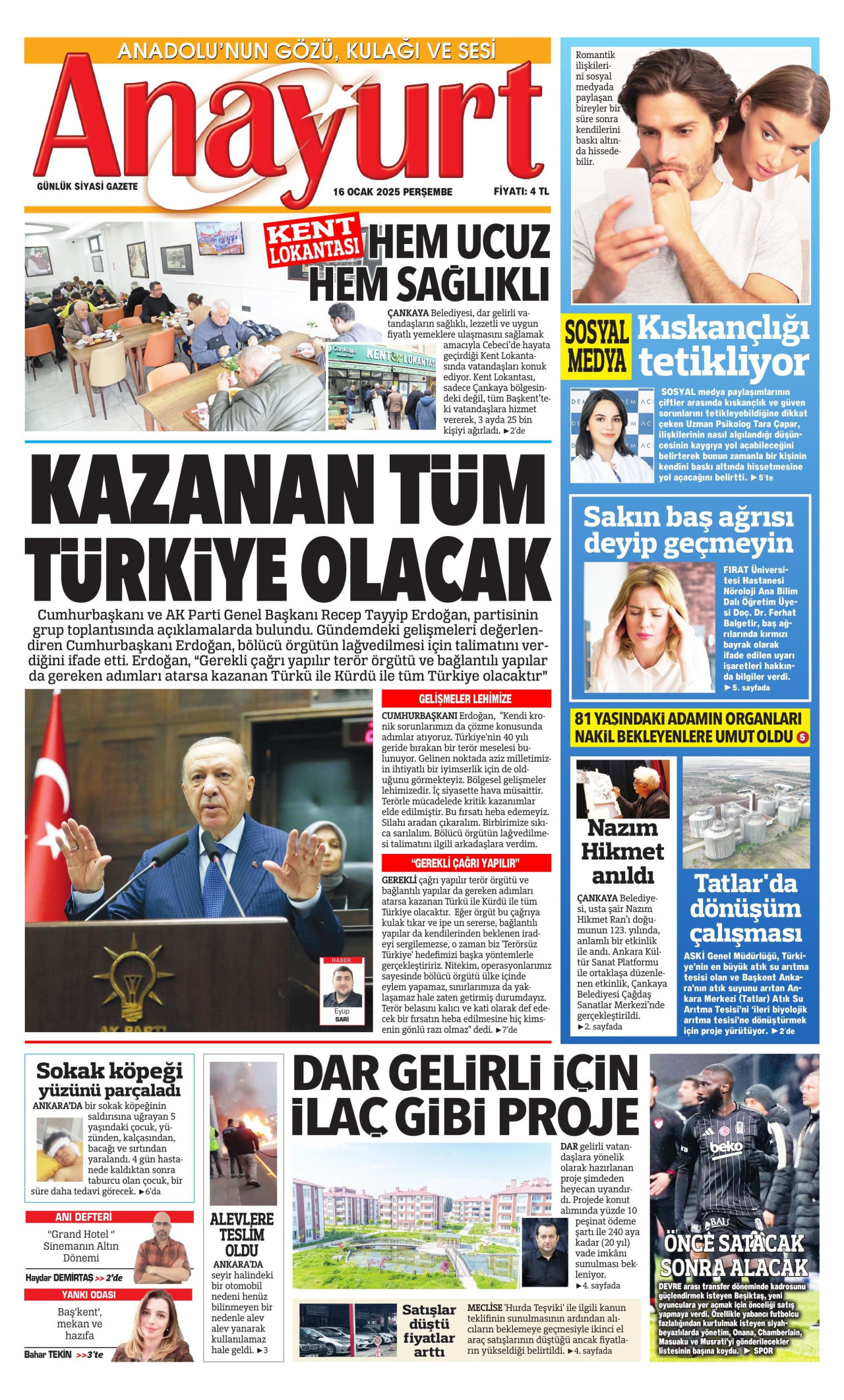 ANAYURT gazetesinin 16 Ocak 2025 tarihli birinci sayfası