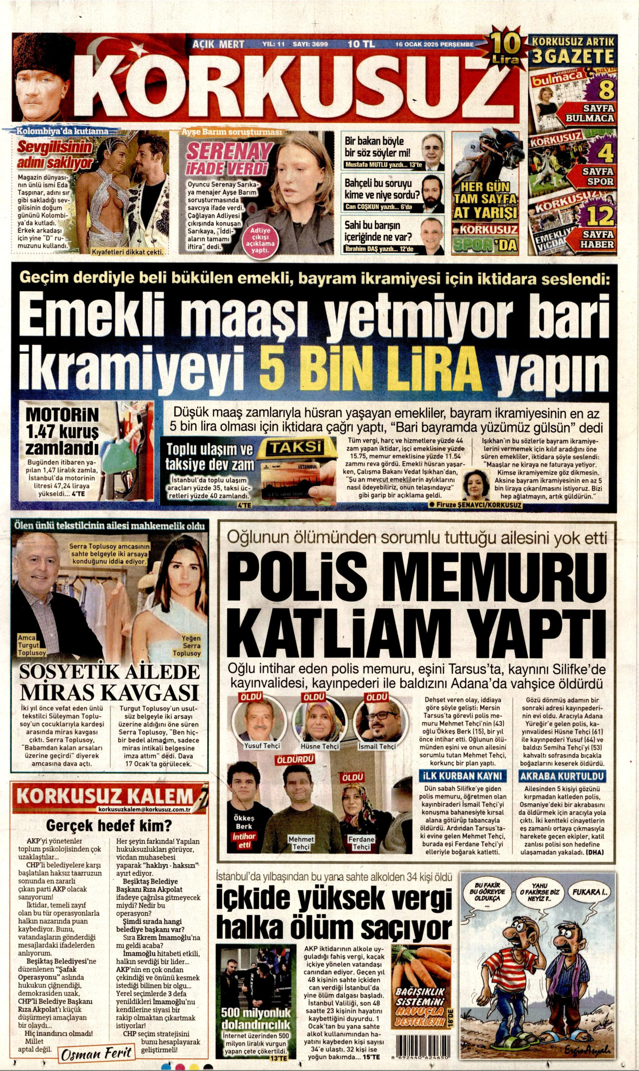 KORKUSUZ gazetesinin 16 Ocak 2025 tarihli birinci sayfası