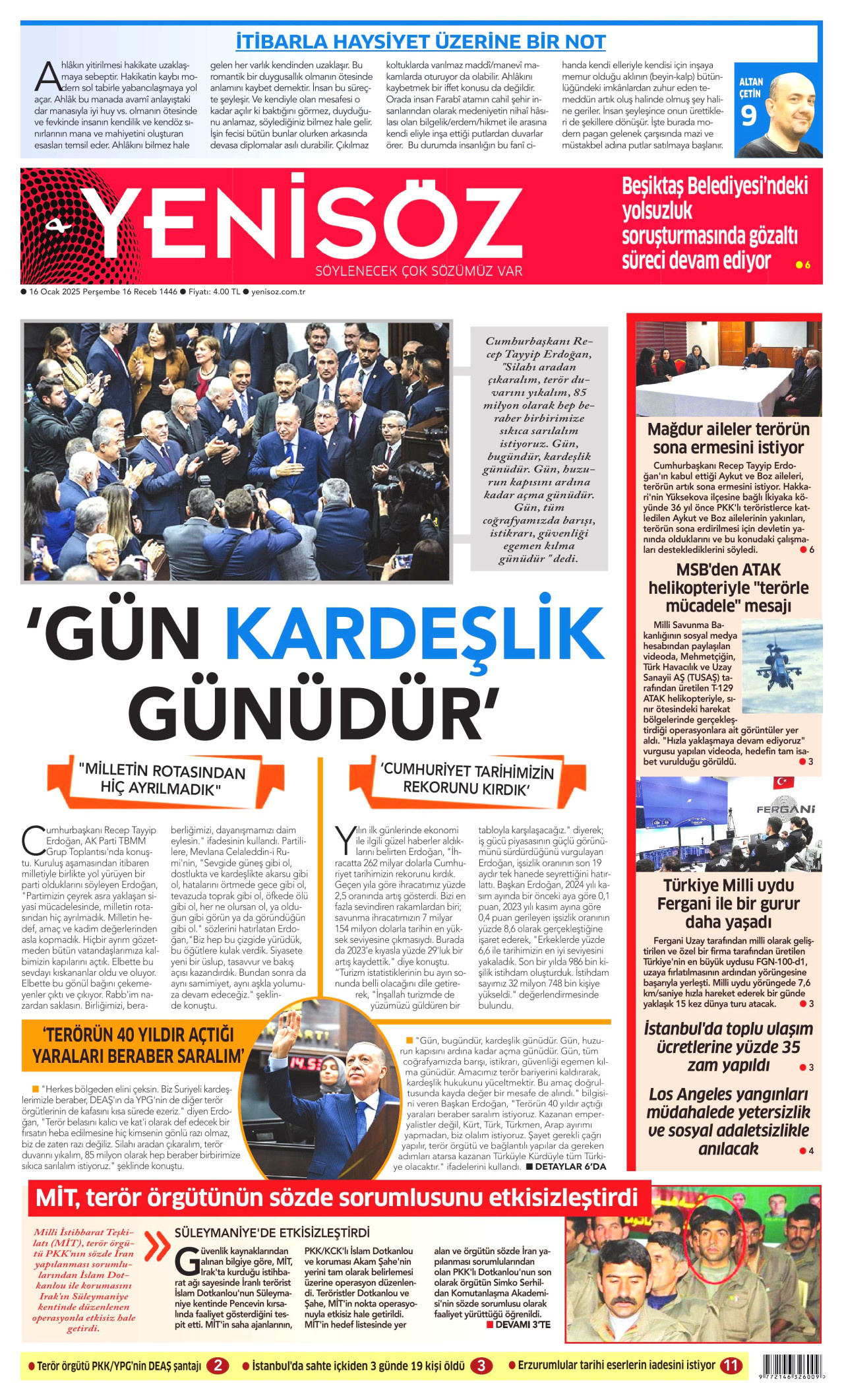 YENİ SÖZ GAZETESİ gazetesinin 16 Ocak 2025 tarihli birinci sayfası