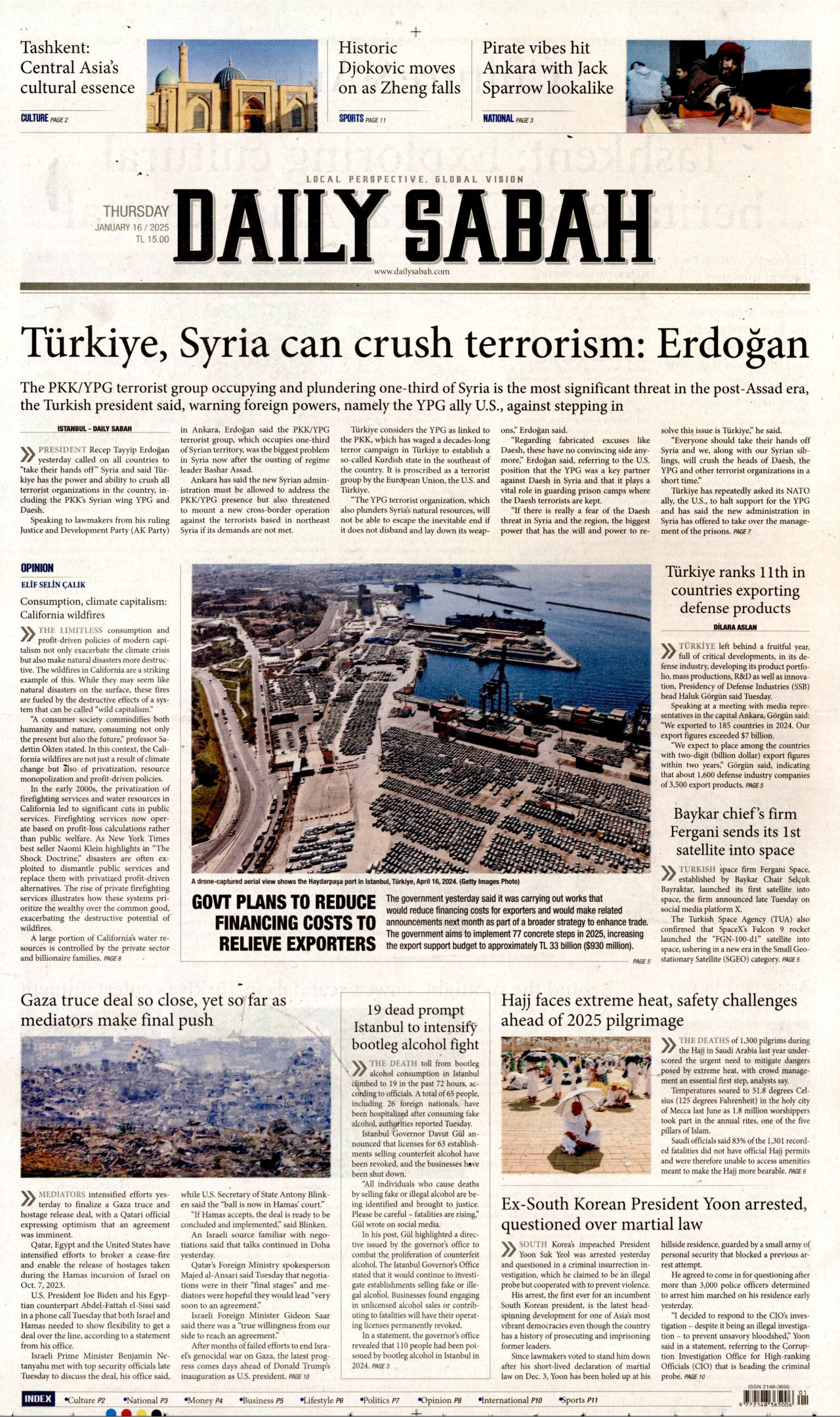 DAİLY SABAH gazetesinin 16 Ocak 2025 tarihli birinci sayfası