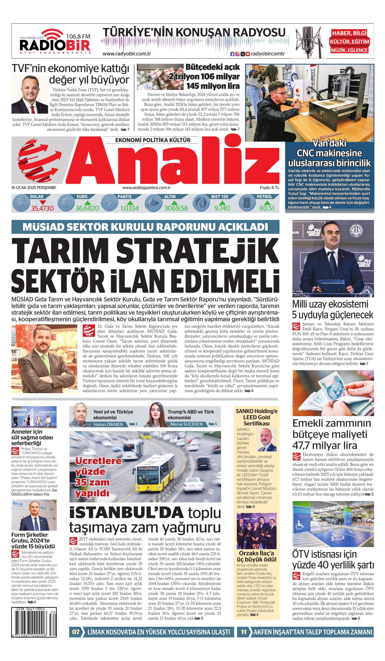 ANALİZ gazetesinin 16 Ocak 2025 tarihli birinci sayfası